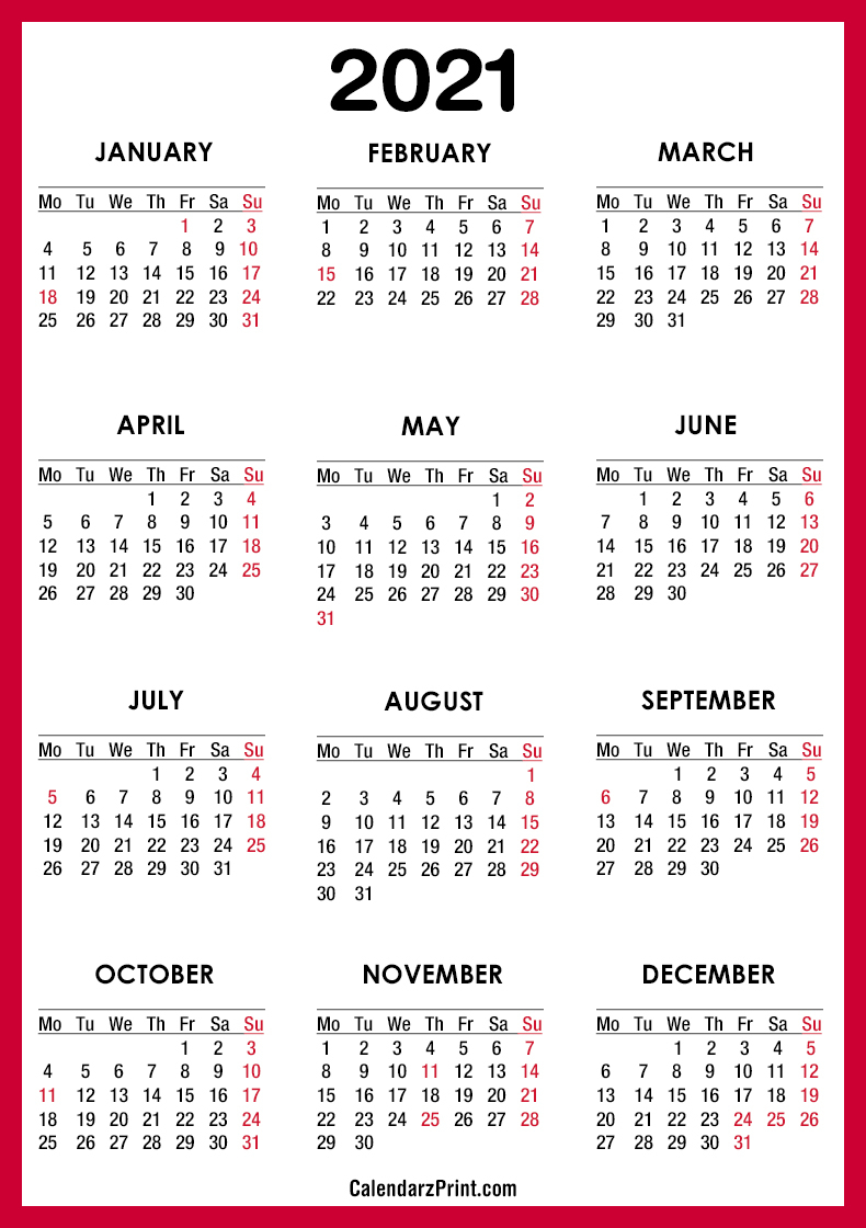 2021 Calendar Printable Free With Usa Holidays, Red – Monday