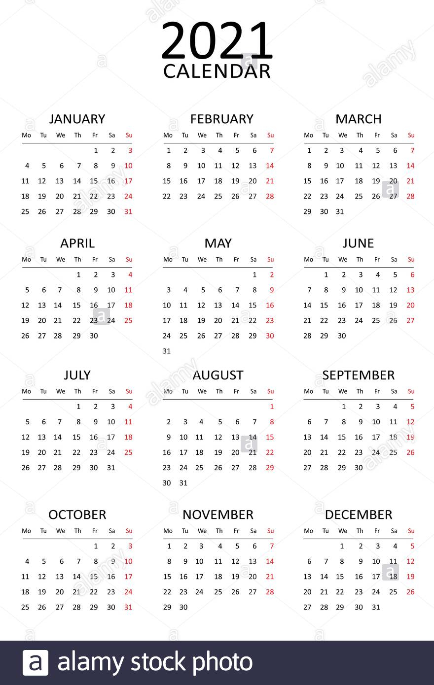 2021 Calendar Template. Simple Black And White Design. Week