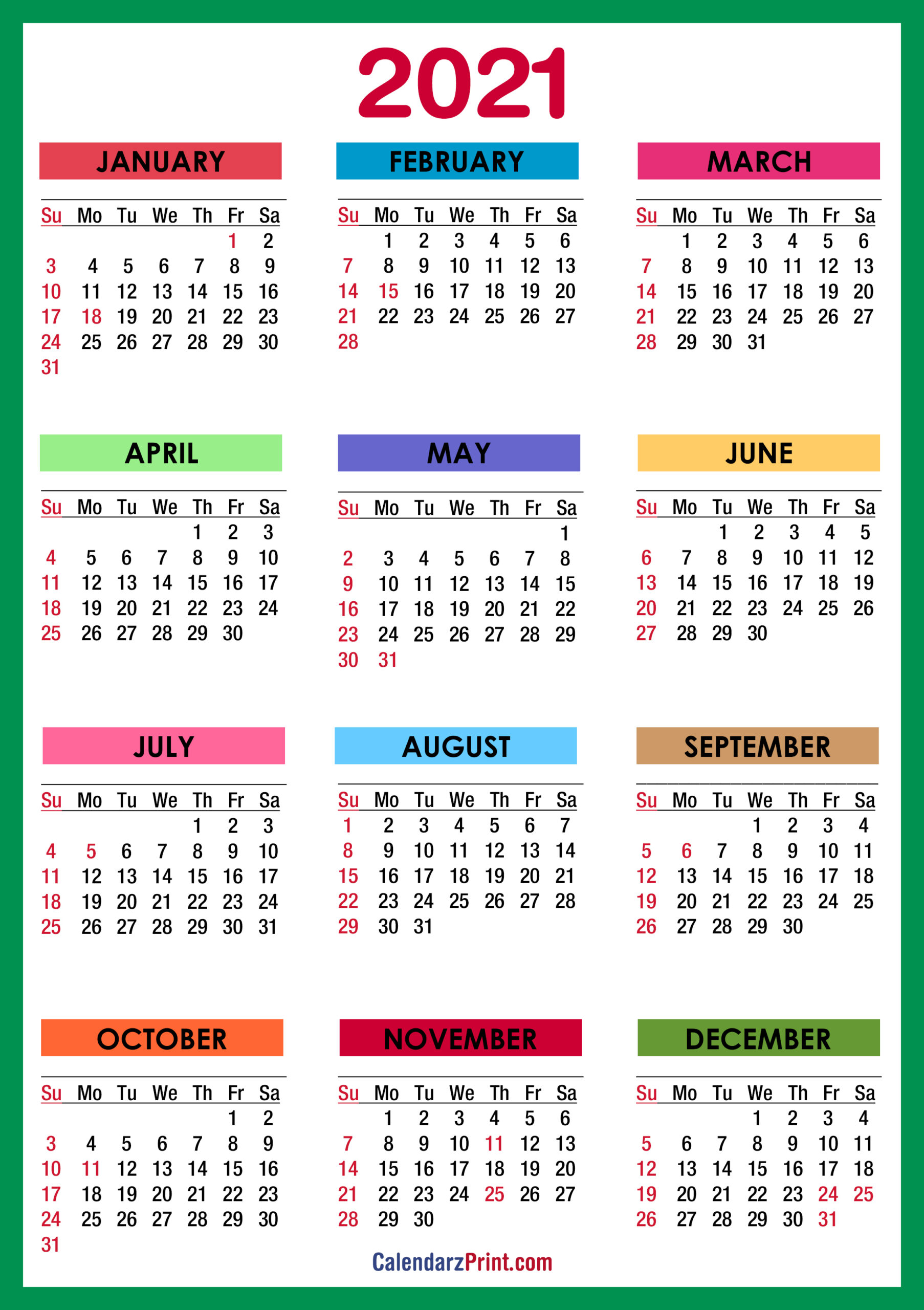 2021 Calendar With Holidays, Printable Free, Colorful, Blue