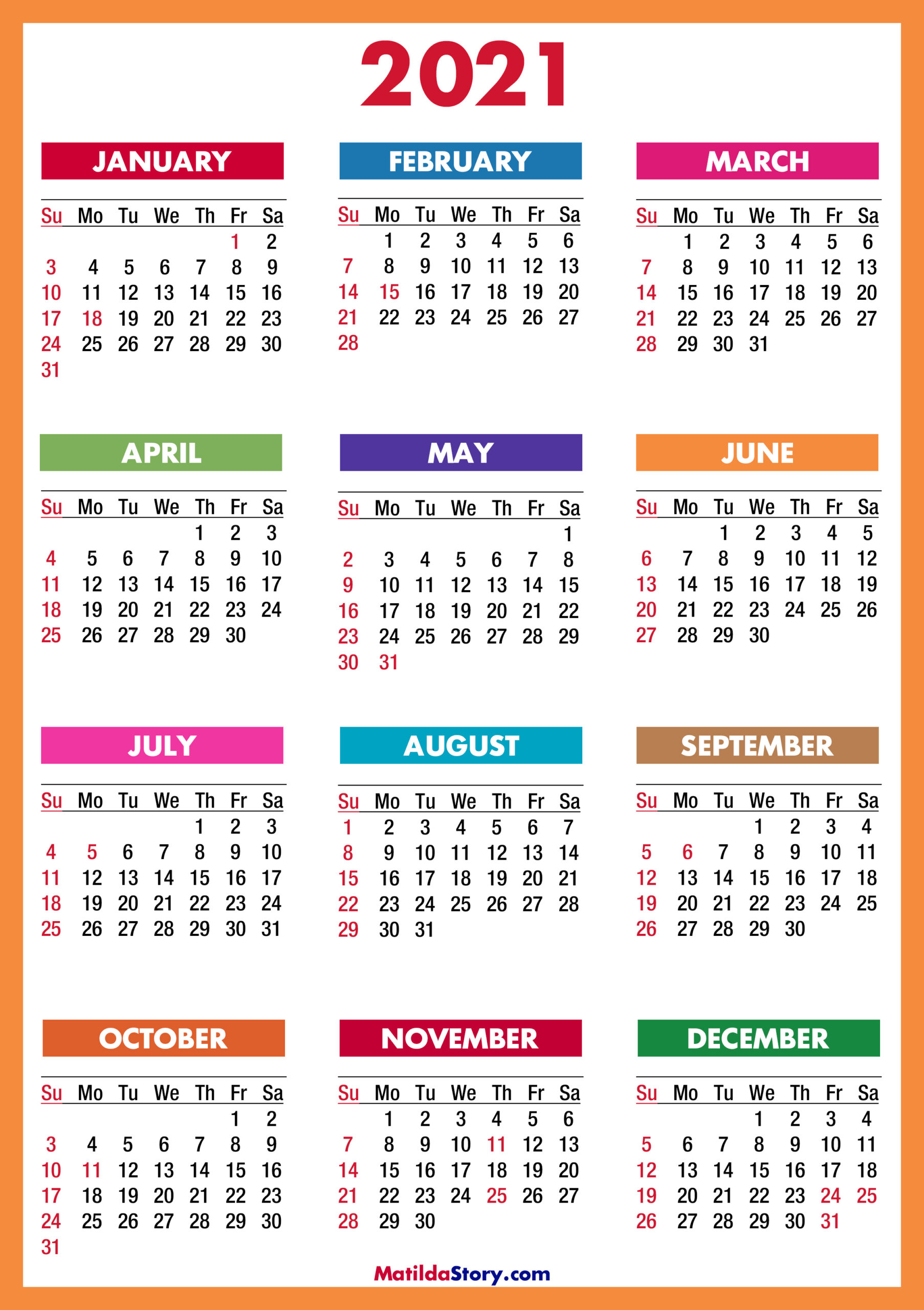 2021 Calendar With Holidays, Printable Free, Colorful, Red