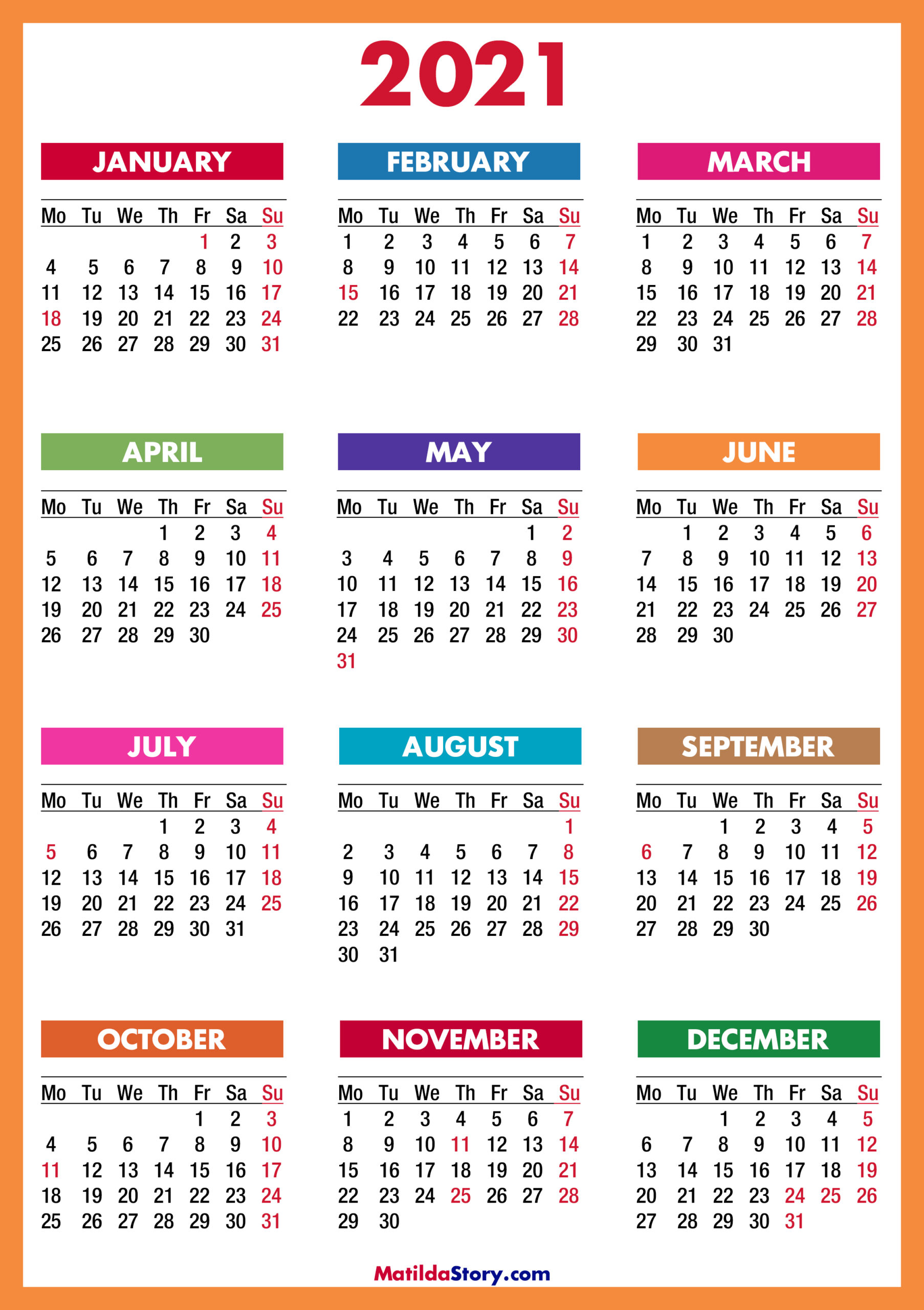 2021 Calendar With Holidays, Printable Free, Colorful, Red