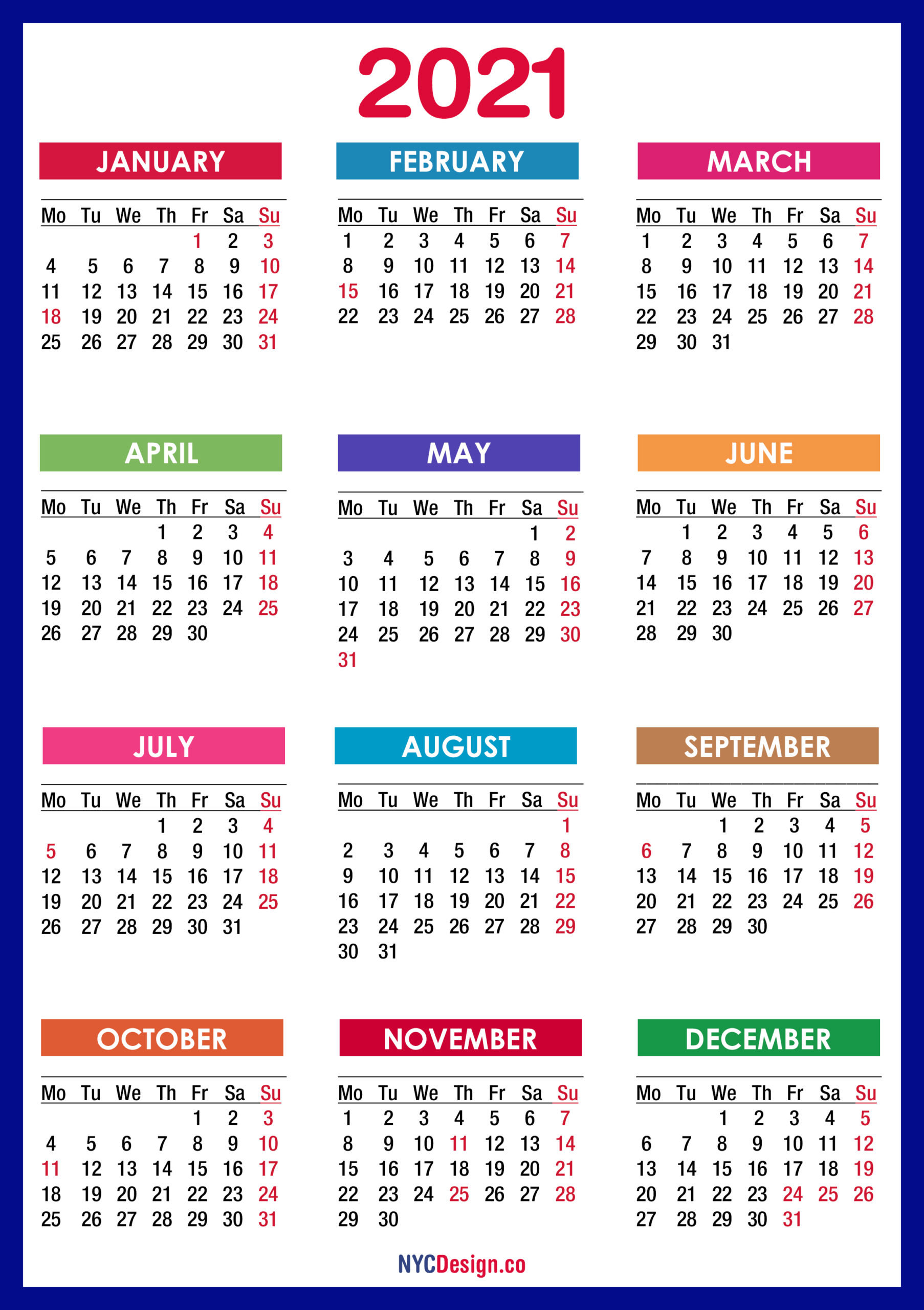 2021 Calendar With Holidays, Printable Free, Pdf, Colorful
