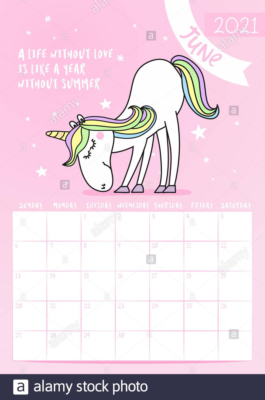 2021 June Calendar With Calligraphy Phrase And Unicorn
