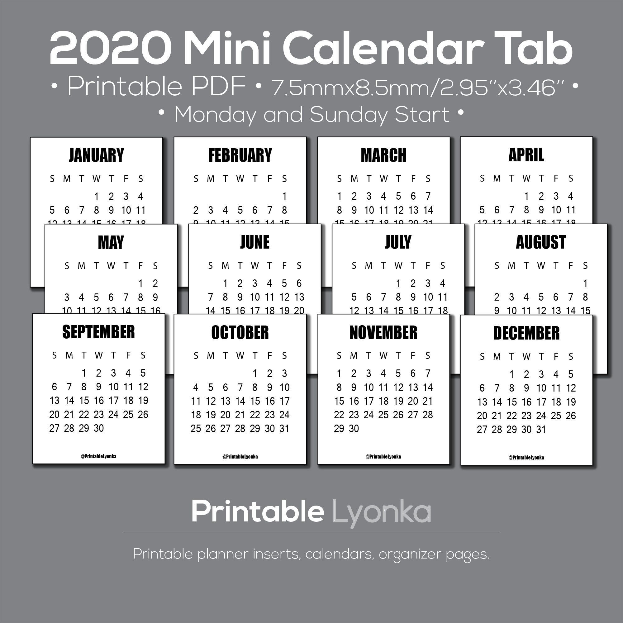 2021 Mini Calendar Tab/Size 3 X 3 1/2Inch. Printable Pdf