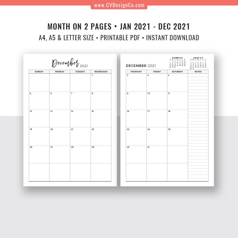 2021 Monthly Planner, 12 Month Calendar, Monthly Organizer, Month On 2  Pages, Printable Planner Inserts, Planner Template Design, Filofax A5, A4,