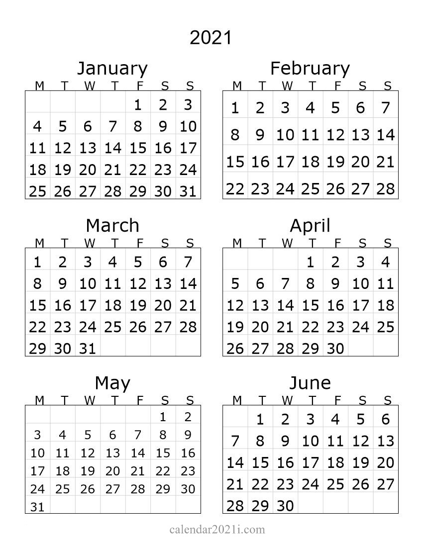 6 Months 2021 Half Year Printable Calendar | Calendar 2021