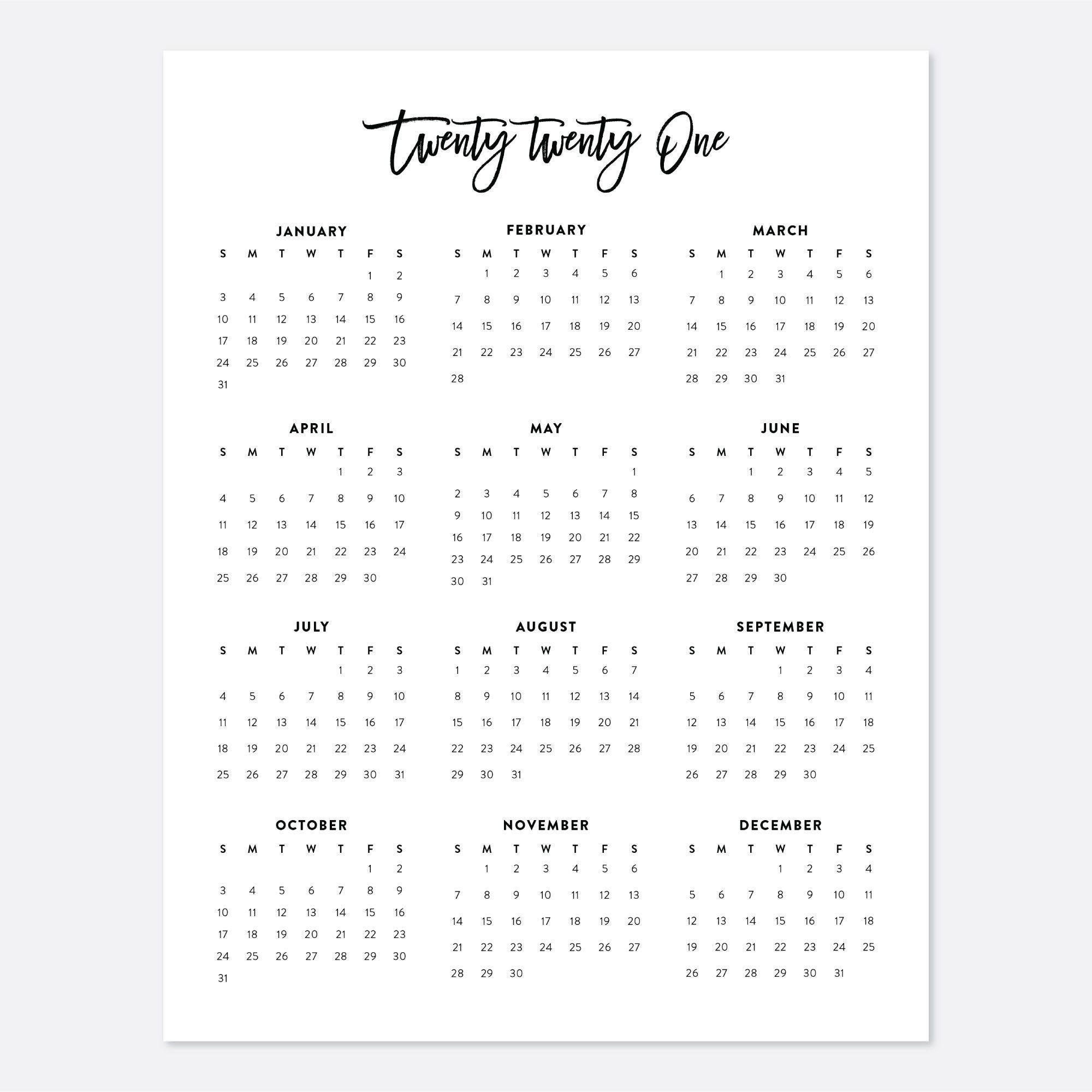 8.5X11 Printable Calendar 2021, Letter Calendar, 2021 Year