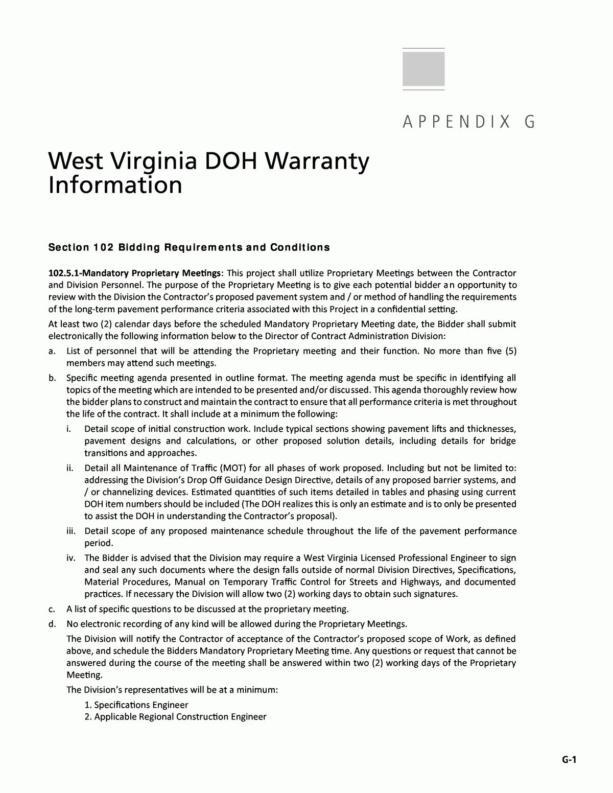 Appendix G - West Virginia Doh Warranty Information