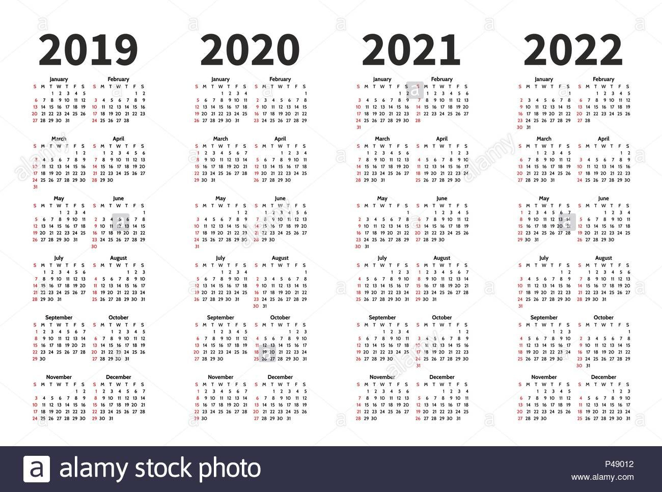 Calendar 2019, 2020, 2021 And 2022 Year Vector Design