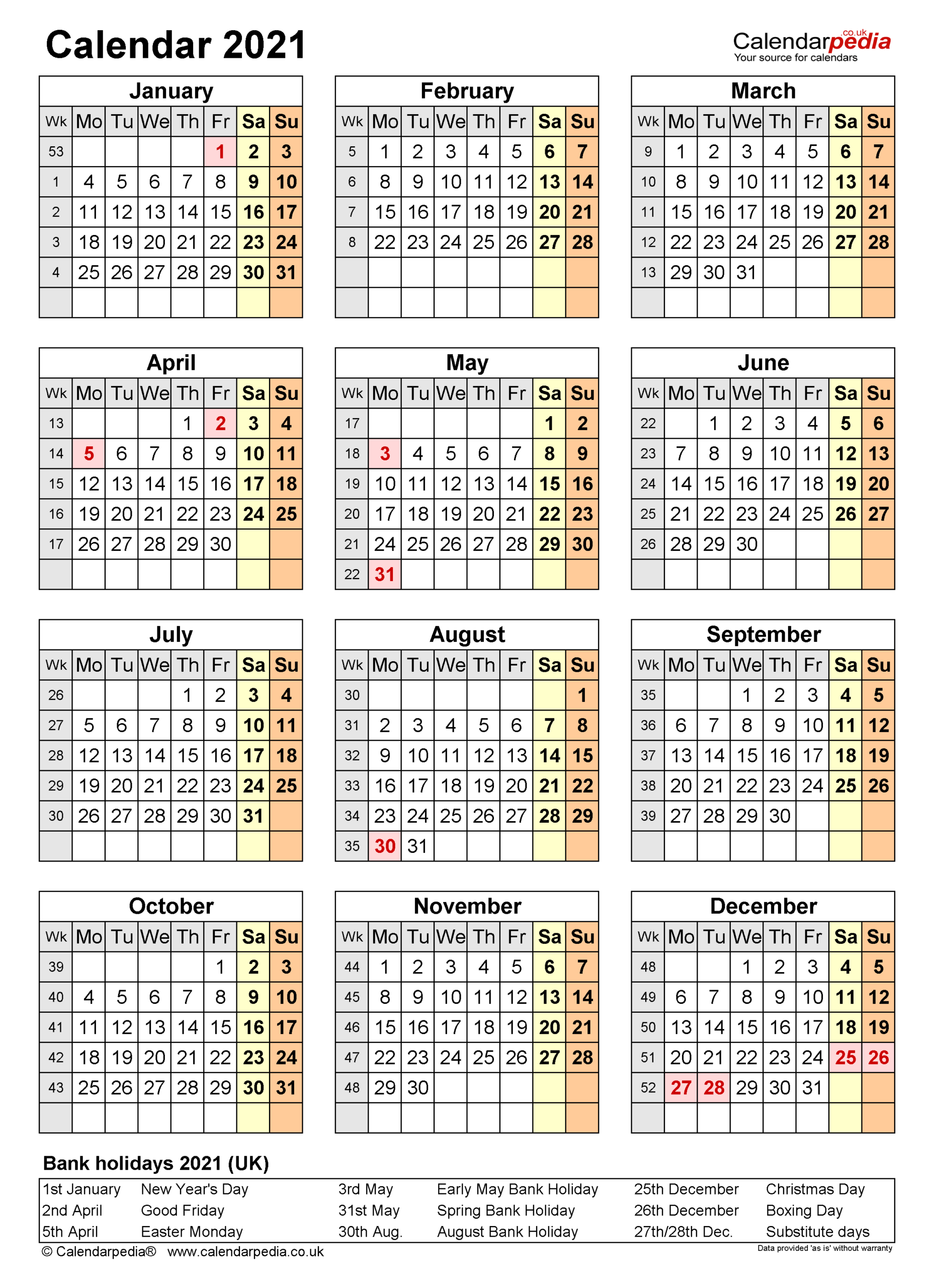 Calendar 2021 (Uk) - Free Printable Microsoft Excel Templates