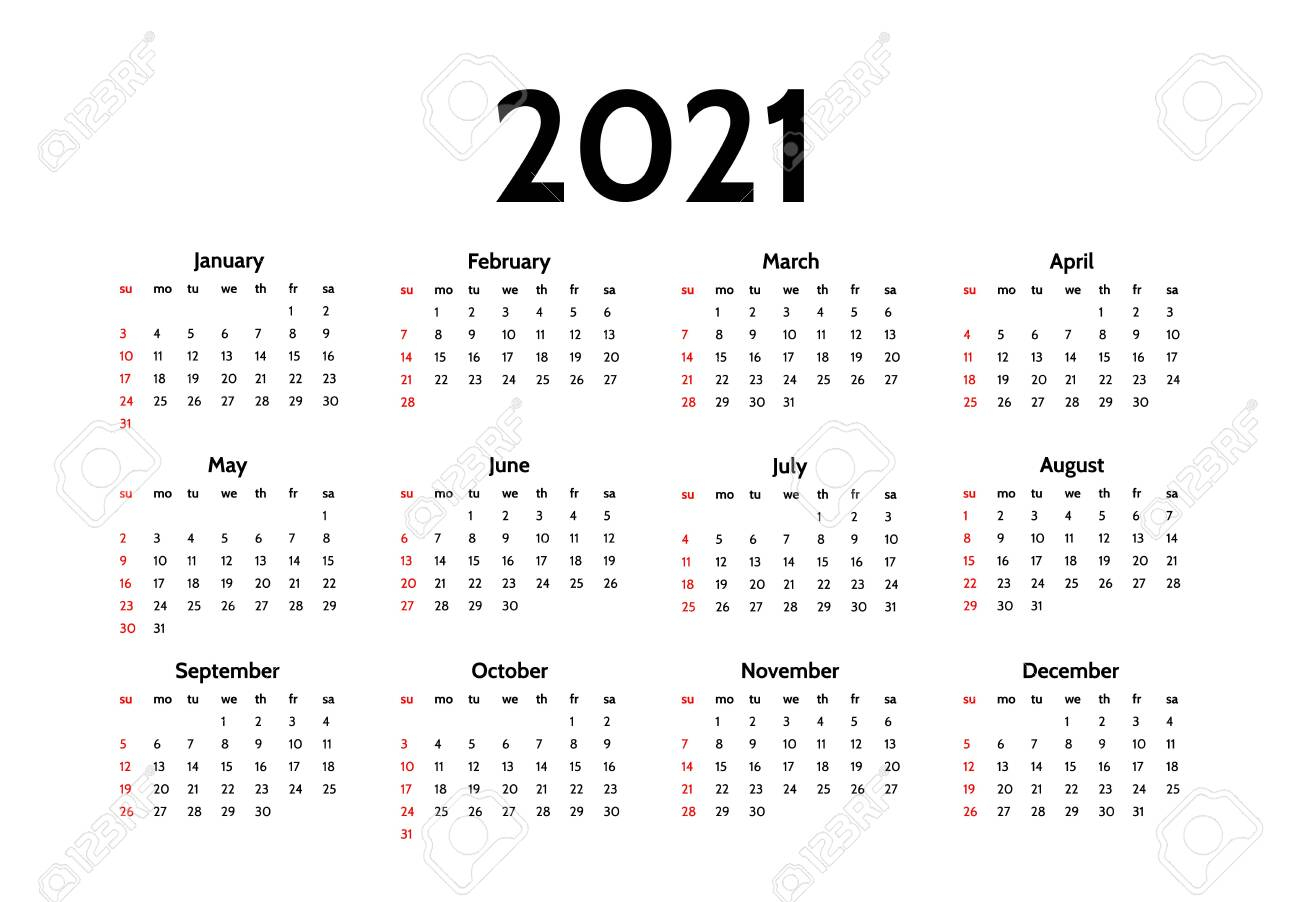 Calendar For 2021 Isolated On A White Background. Sunday To Monday,..