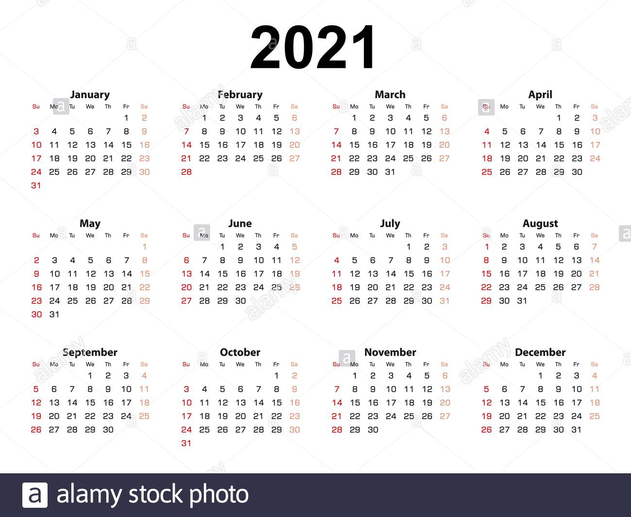 Calendar Layout For 2021 Year, Week Starts From Sunday