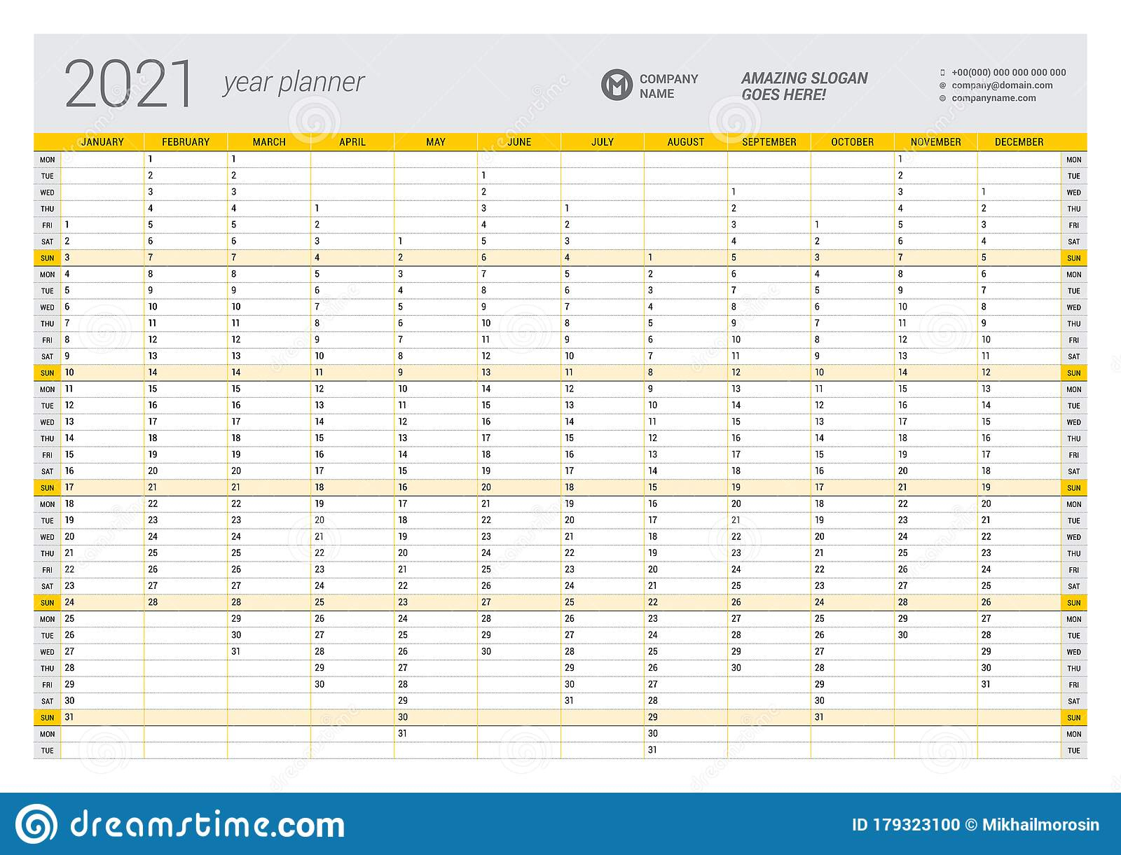 Calendar Yearly Planner Template For 2021. Printable