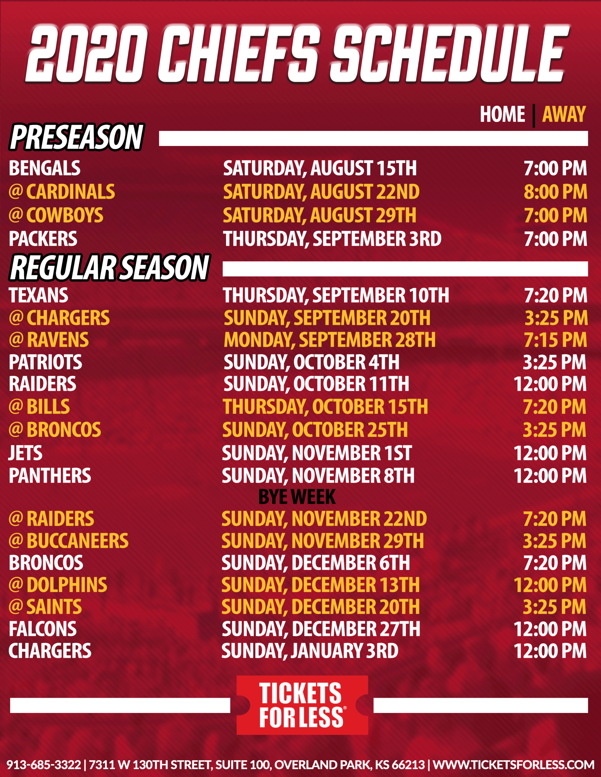 Chiefs Printable Schedule - Kansas City Chiefs Schedule