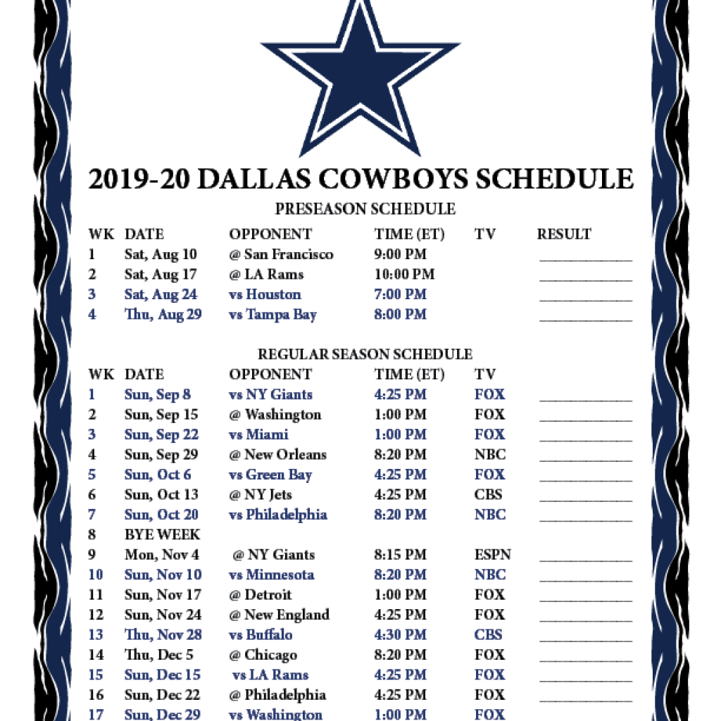 Dallas Cowboys Printable Schedule 2020 2020 | Dallas Cowboys