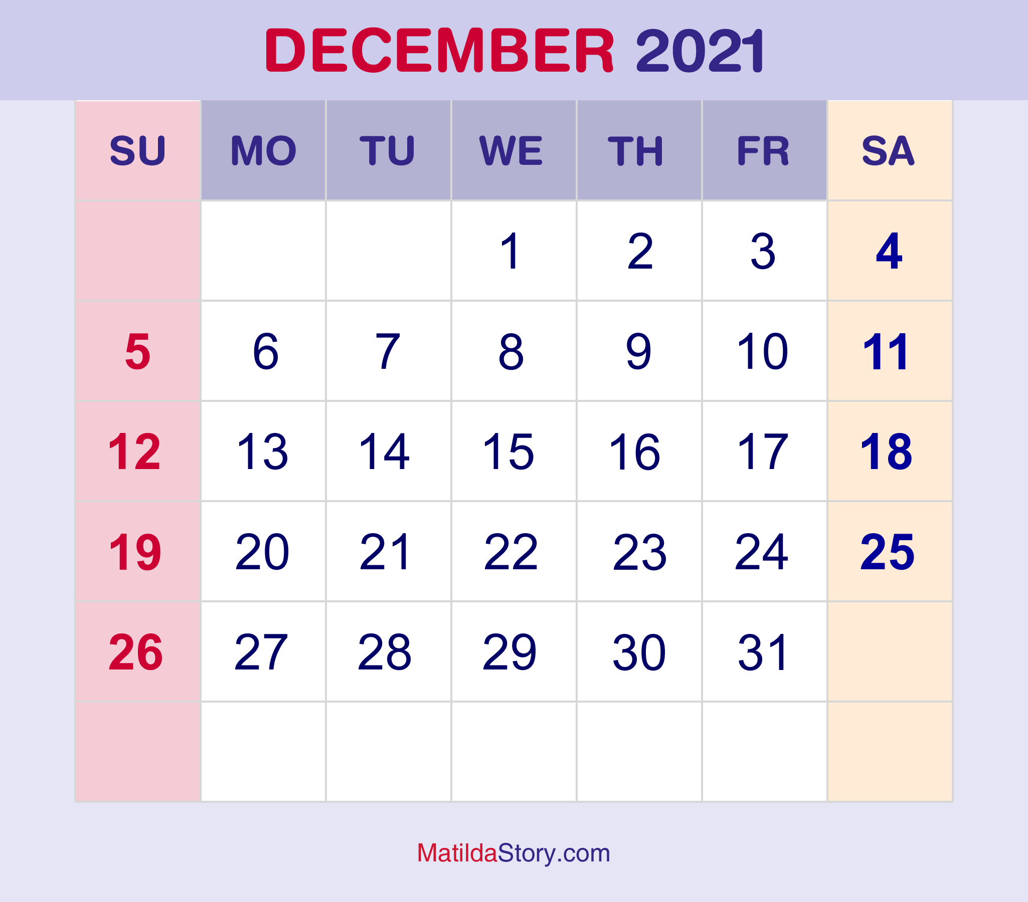 December 2021 Monthly Calendar, Monthly Planner, Printable
