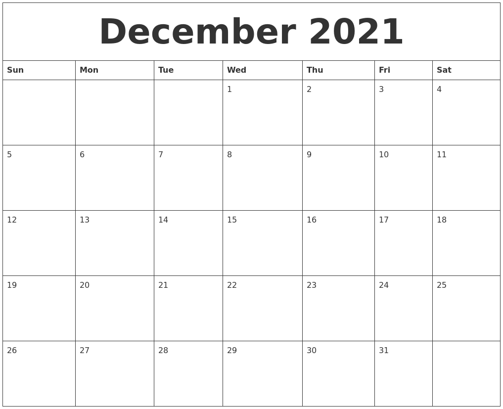 December 2021 Printable Calendar Pdf