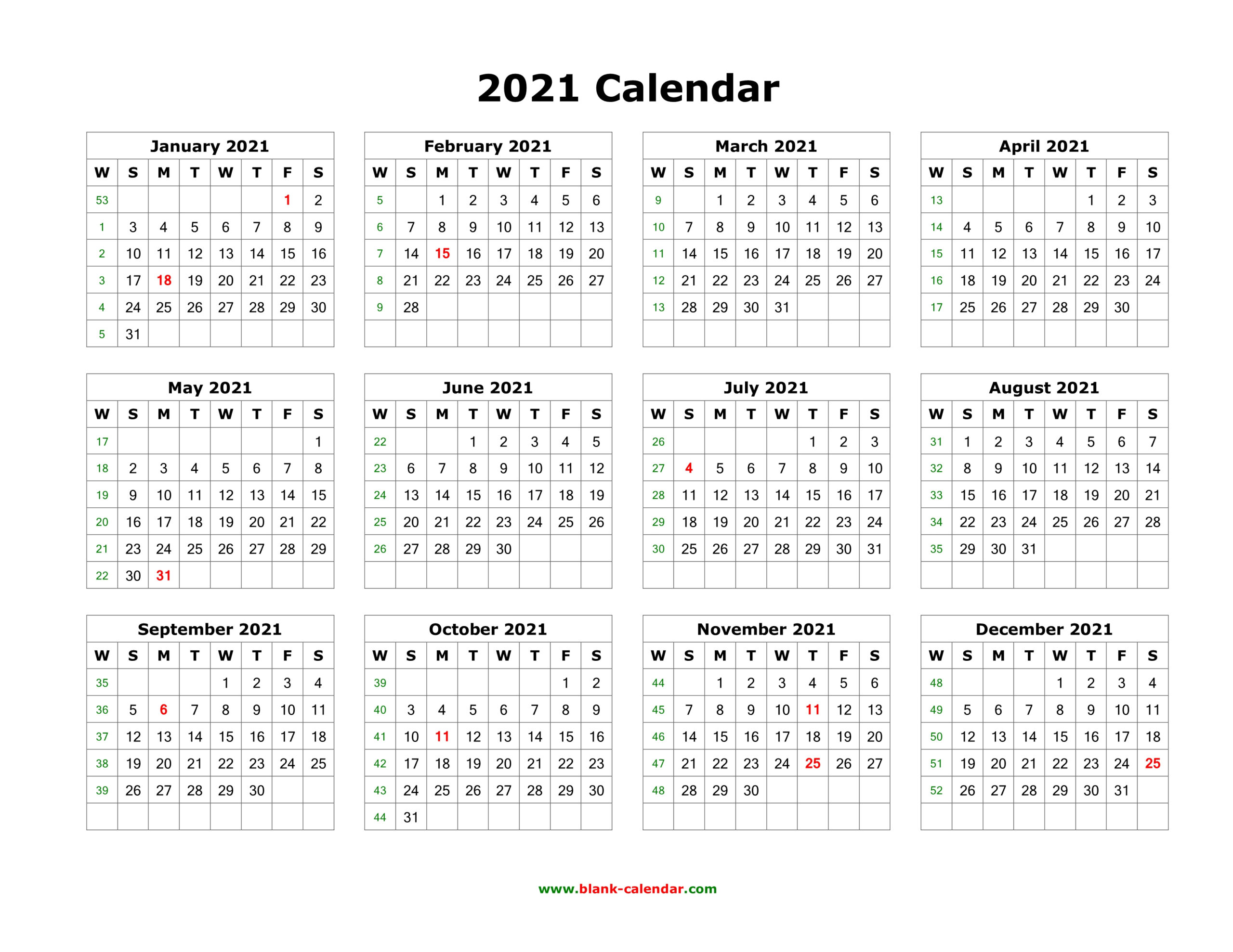 Download Blank Calendar 2021 (12 Months On One Page, Horizontal)