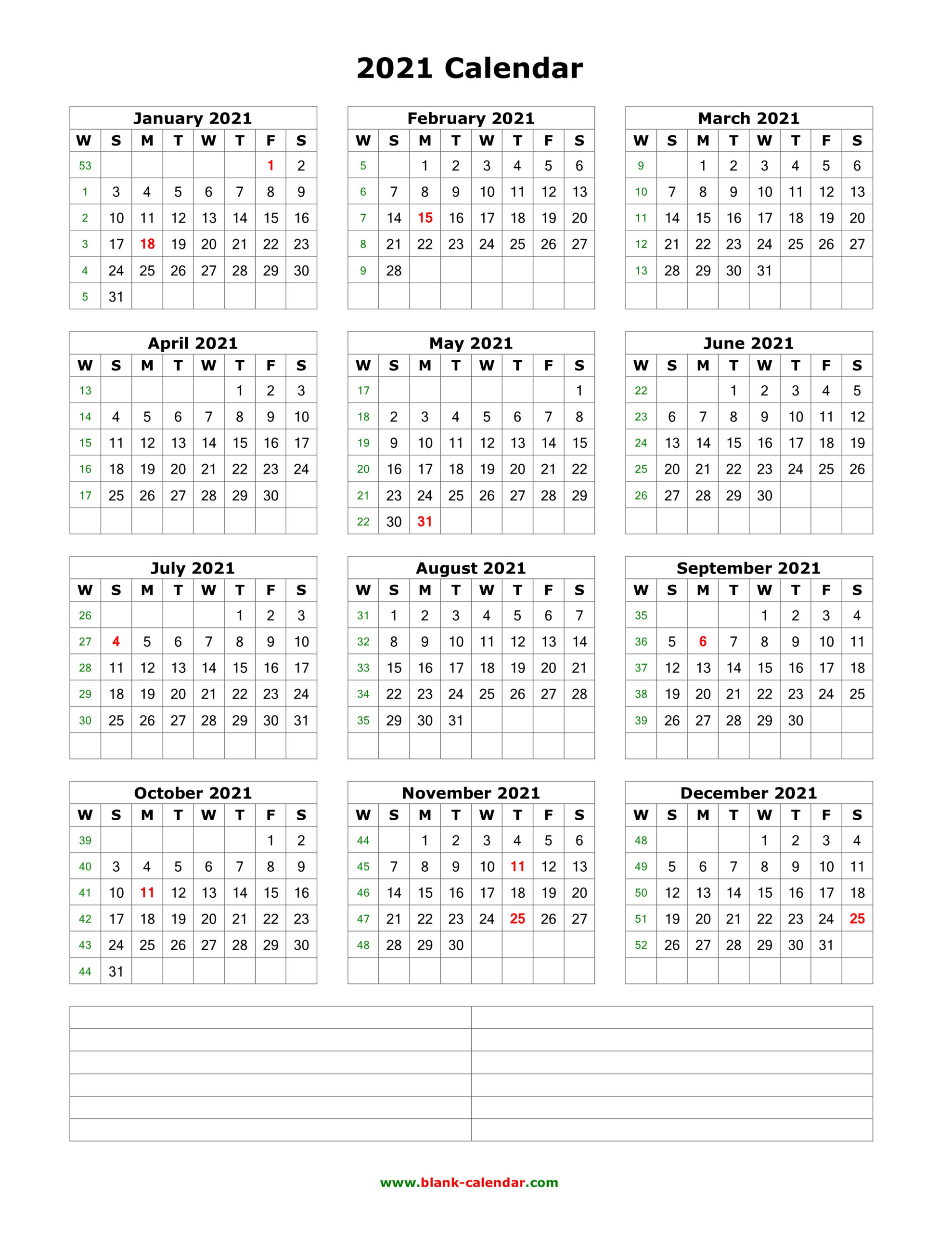 Download Blank Calendar 2021 With Space For Notes (12 Months
