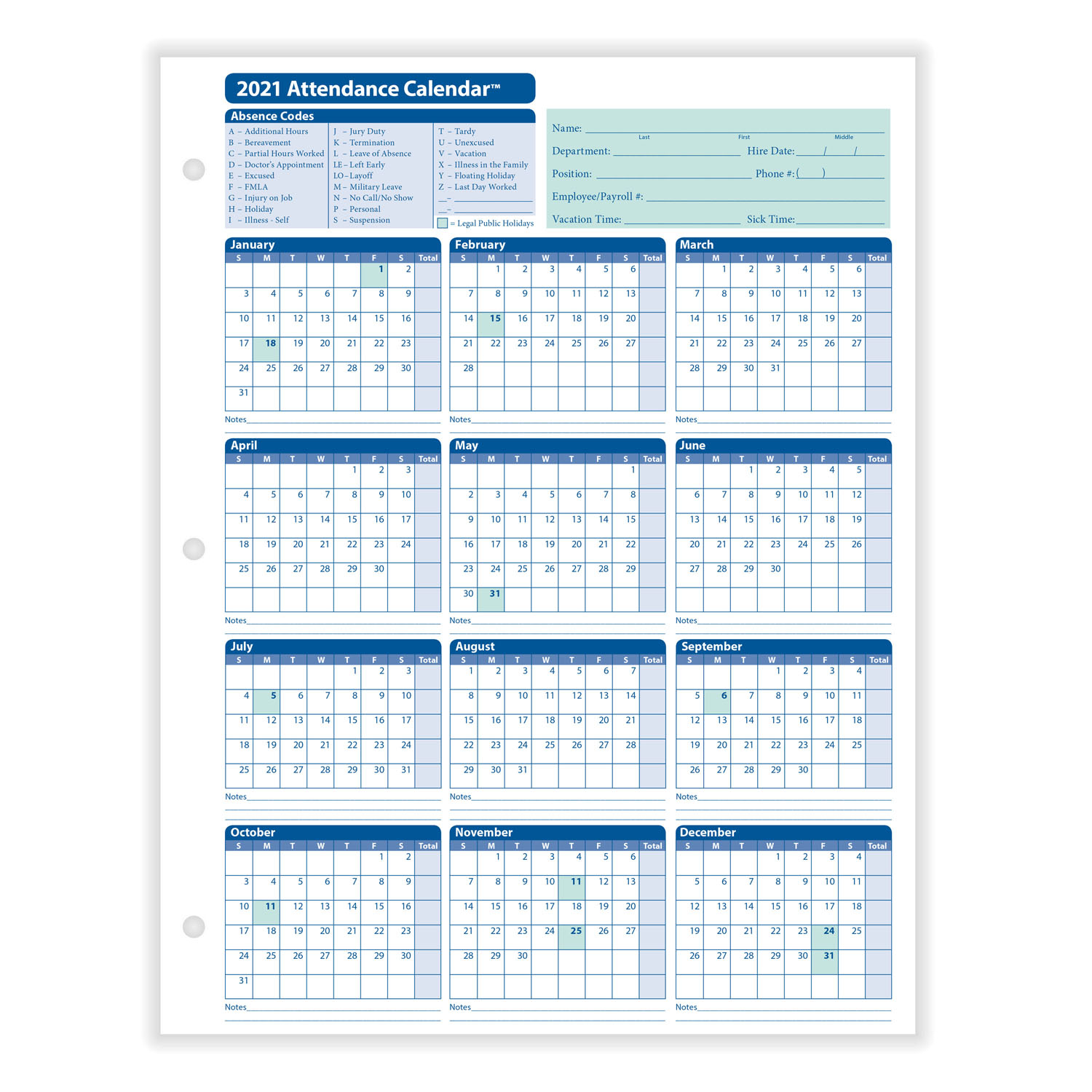 Free Printable 2021 Attendance Calendars