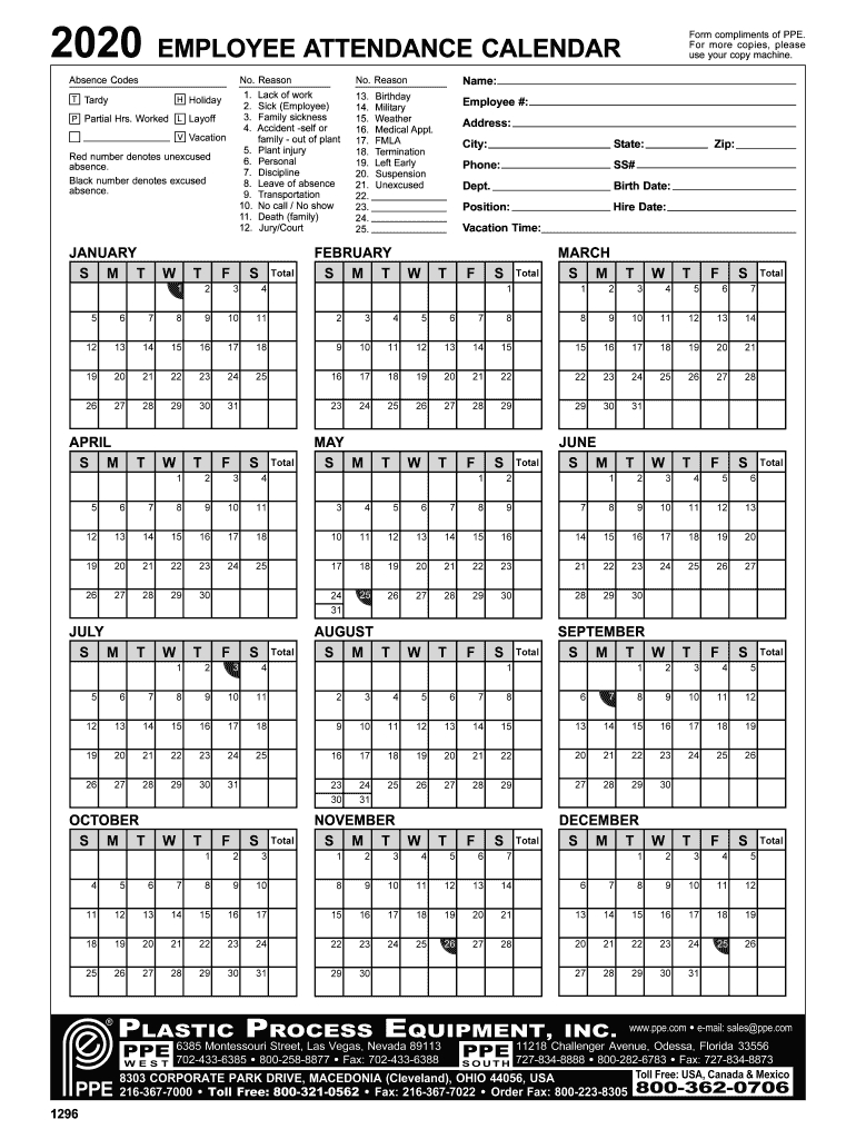 Employee Attendance Calendar 2020 - Fill Online, Printable