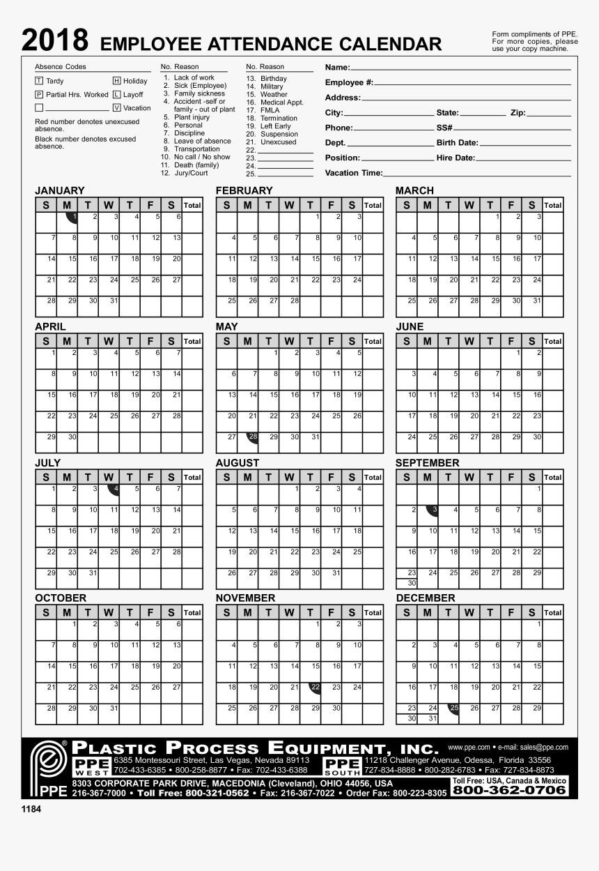 Employee Attendance Calendar Excel - 2020 Employee