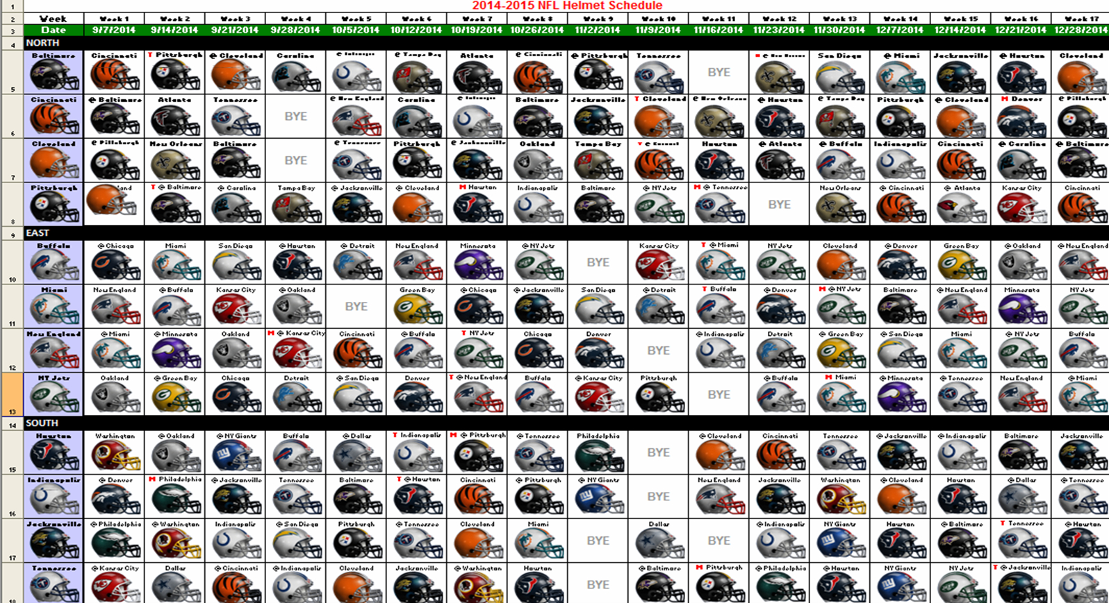 Excel Spreadsheets Help: 2014 Nfl Helmet Schedule | Football