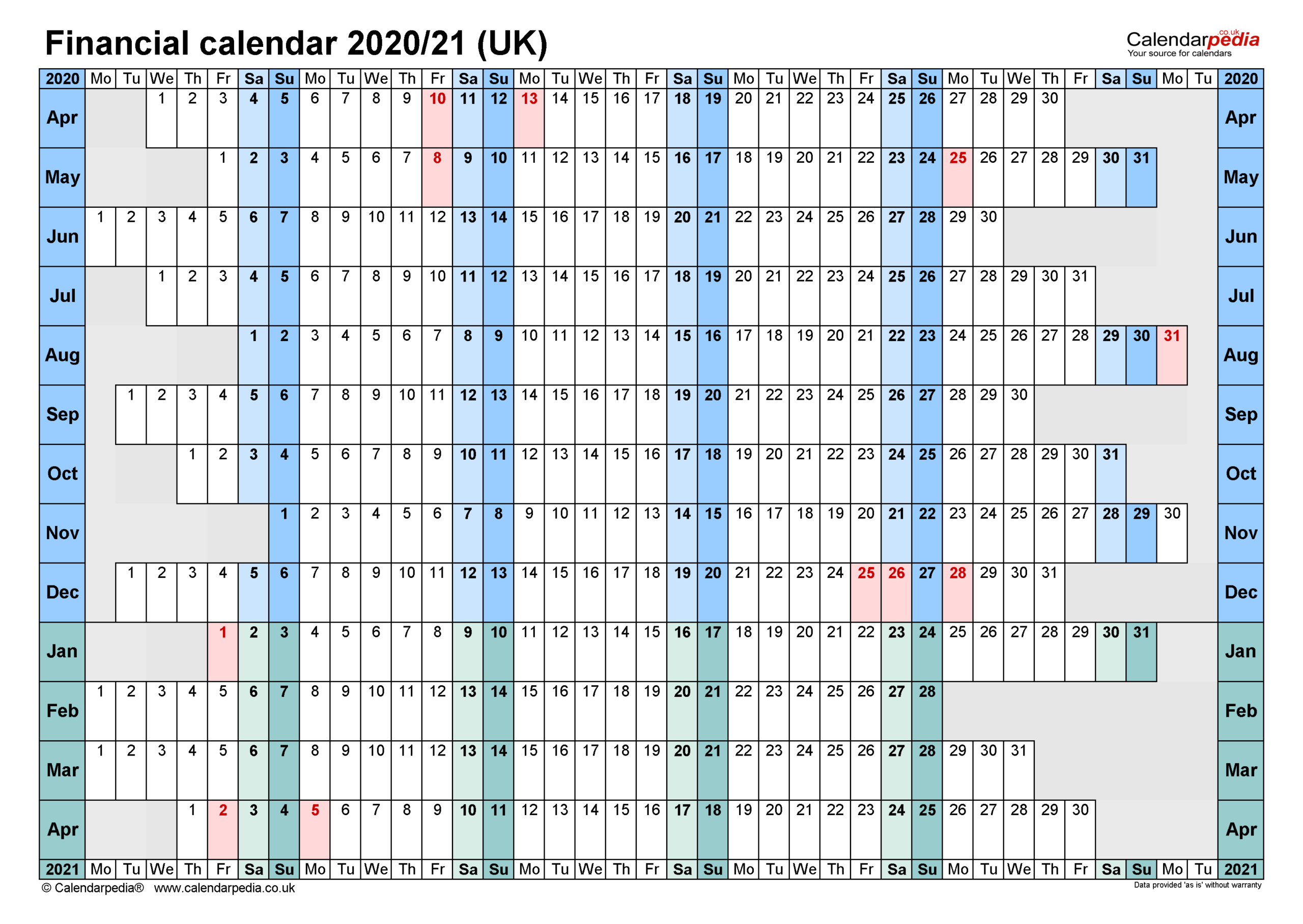 Financial Calendars 2020/21 Uk In Microsoft Excel Format