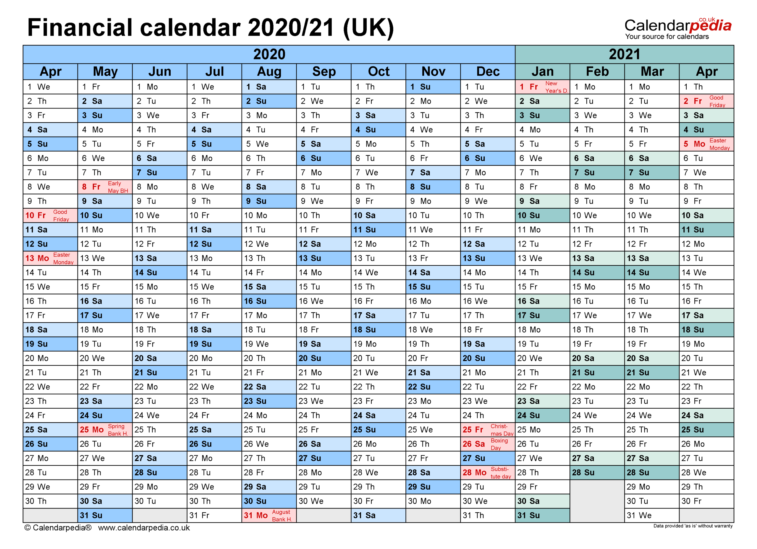 Financial Calendars 2020/21 Uk In Pdf Format