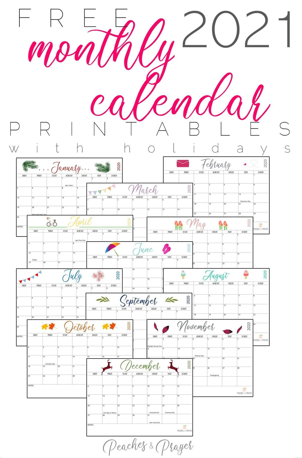 Free 2021 Monthly Calendar Printables Blank With Holidays