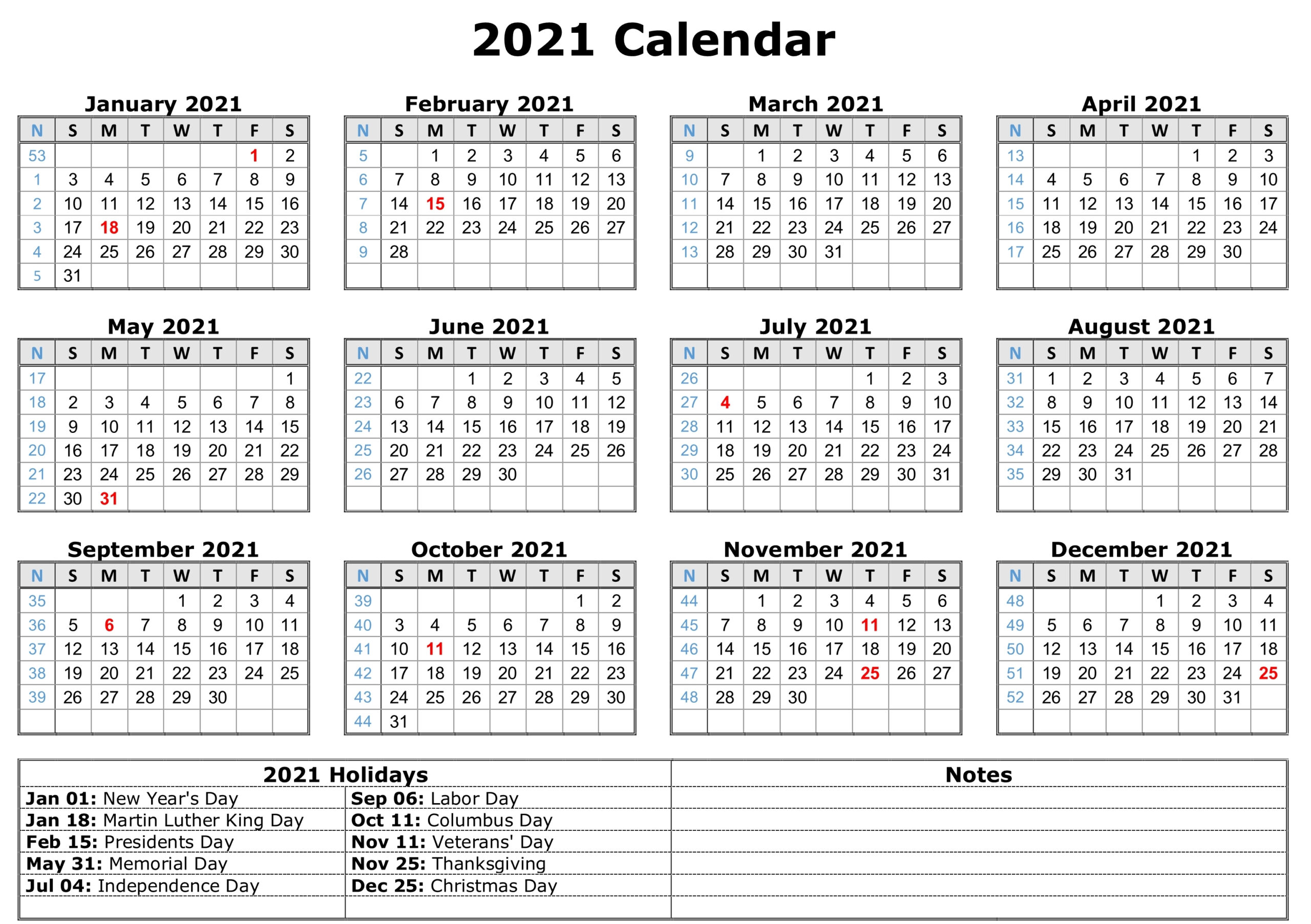 Free 2021 Printable Monthly Calendar With Holidays Word Pdf