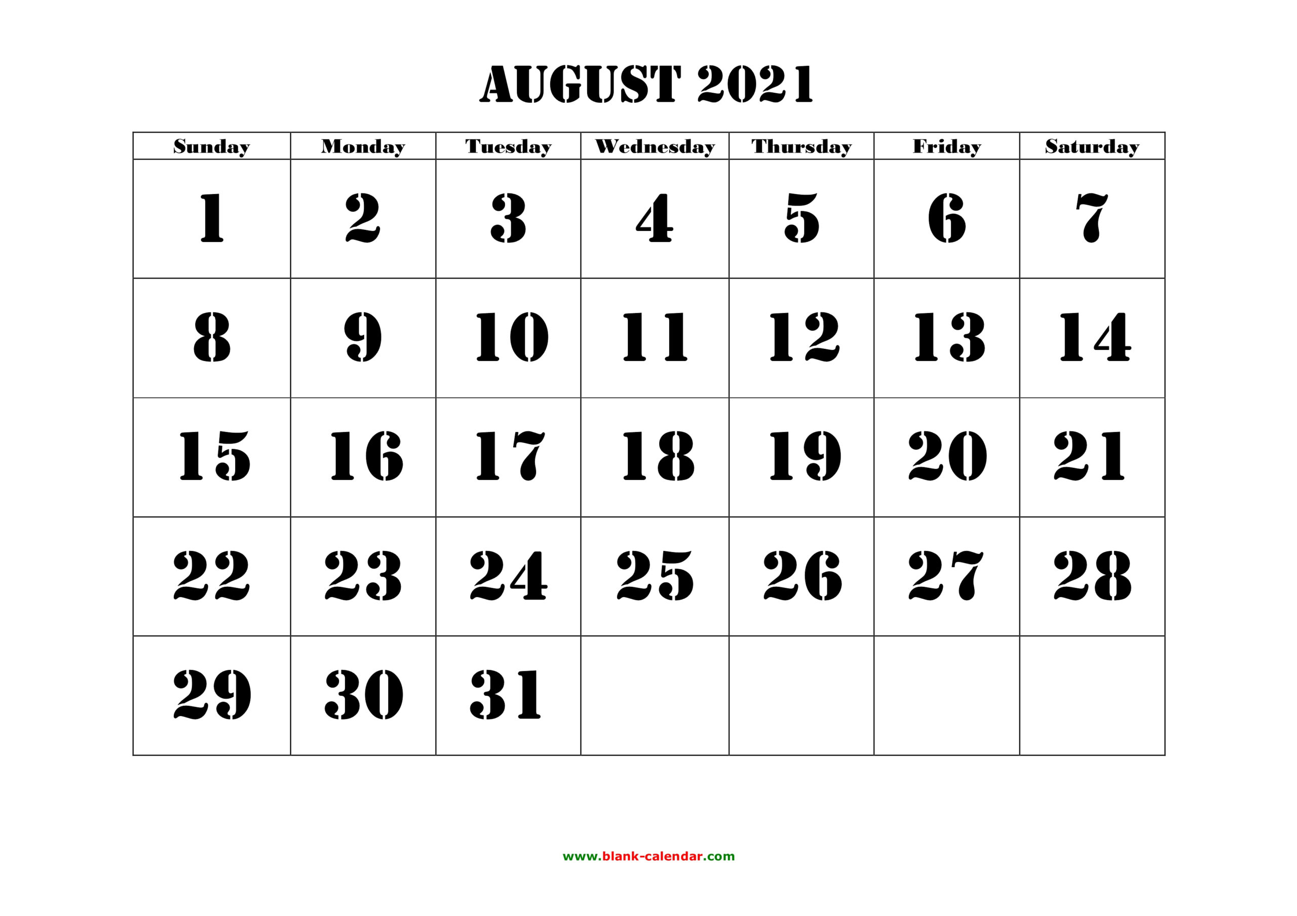 Free Download Printable August 2021 Calendar, Large Font