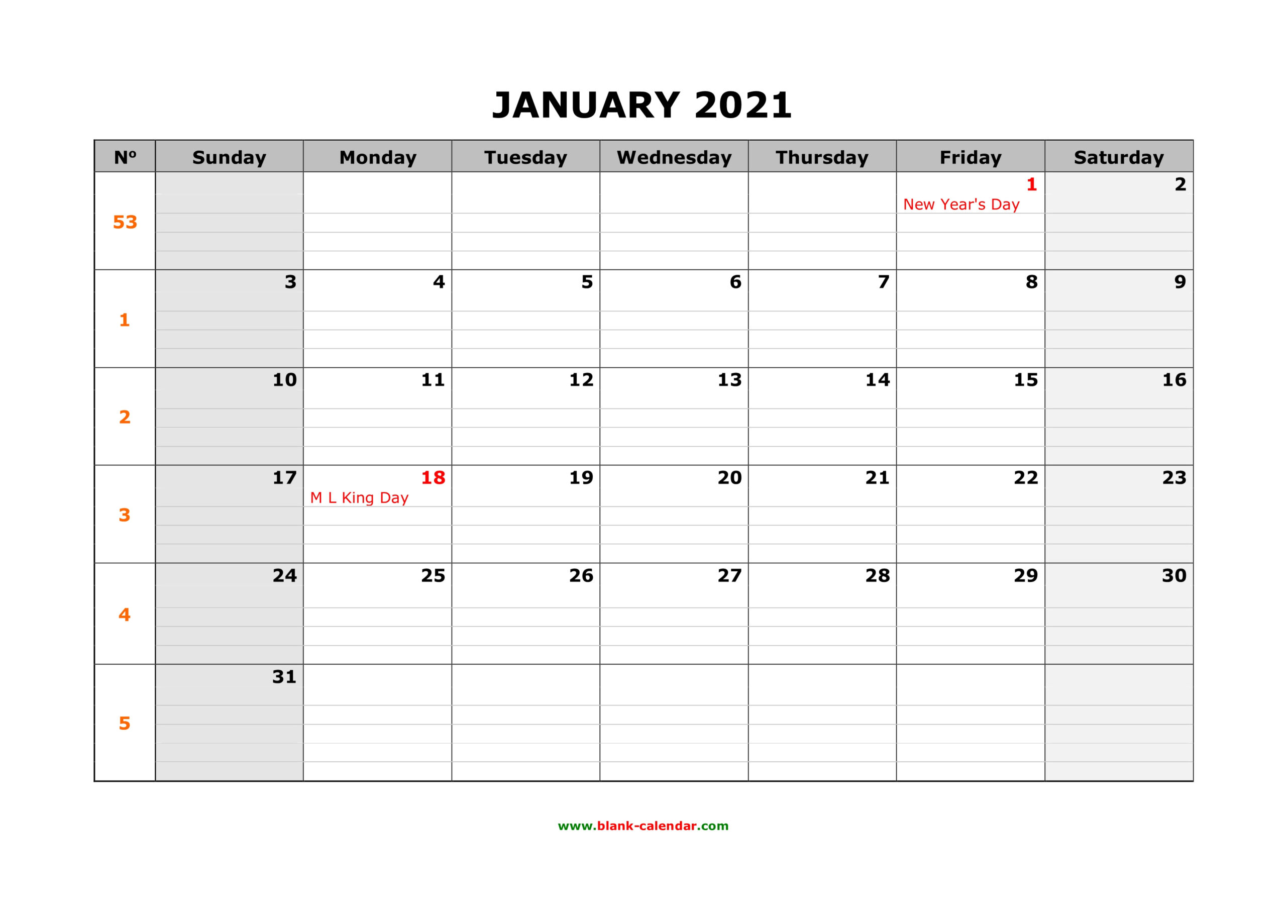 Free Download Printable Calendar 2021, Large Box Grid, Space