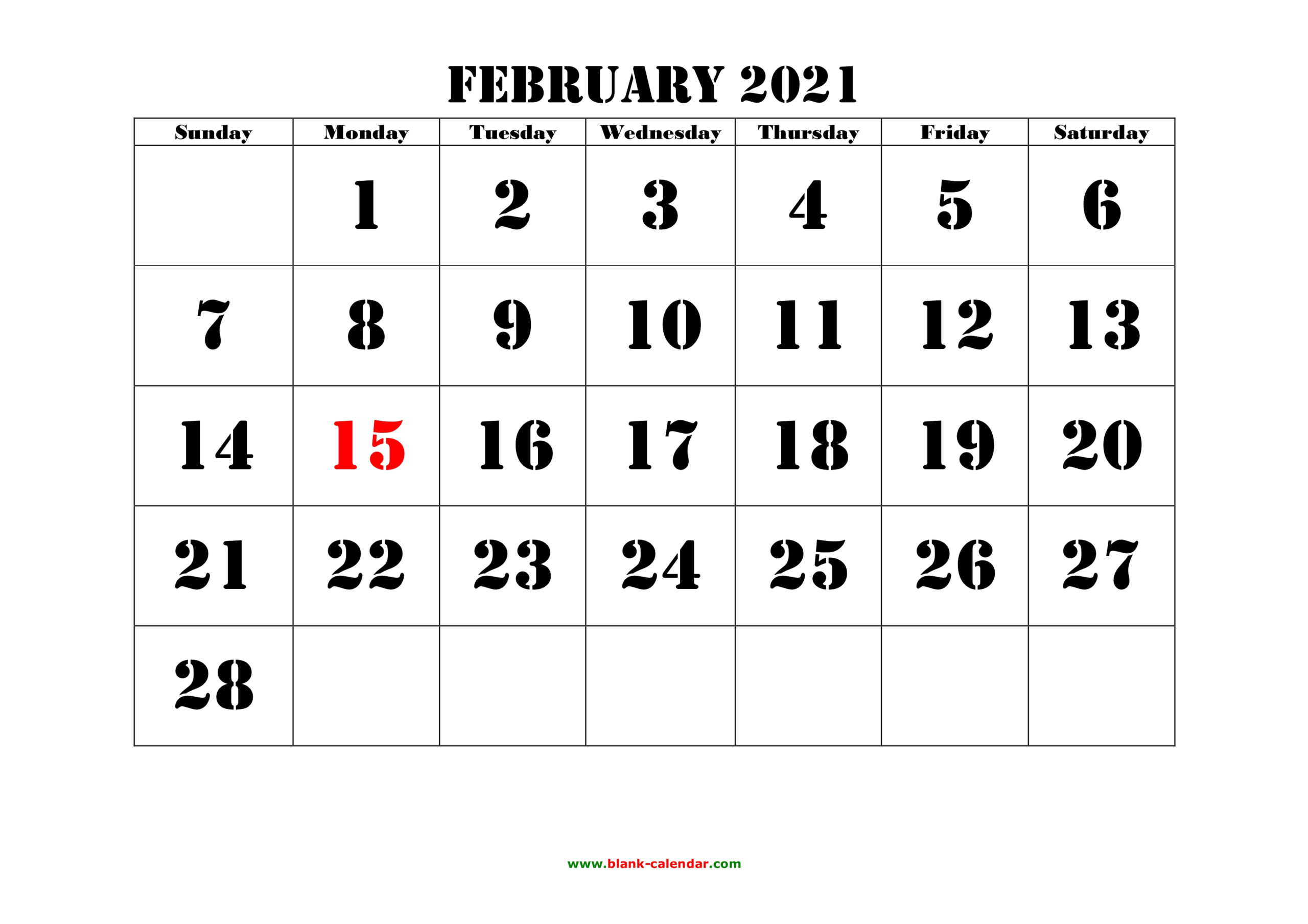 Free Download Printable February 2021 Calendar, Large Font