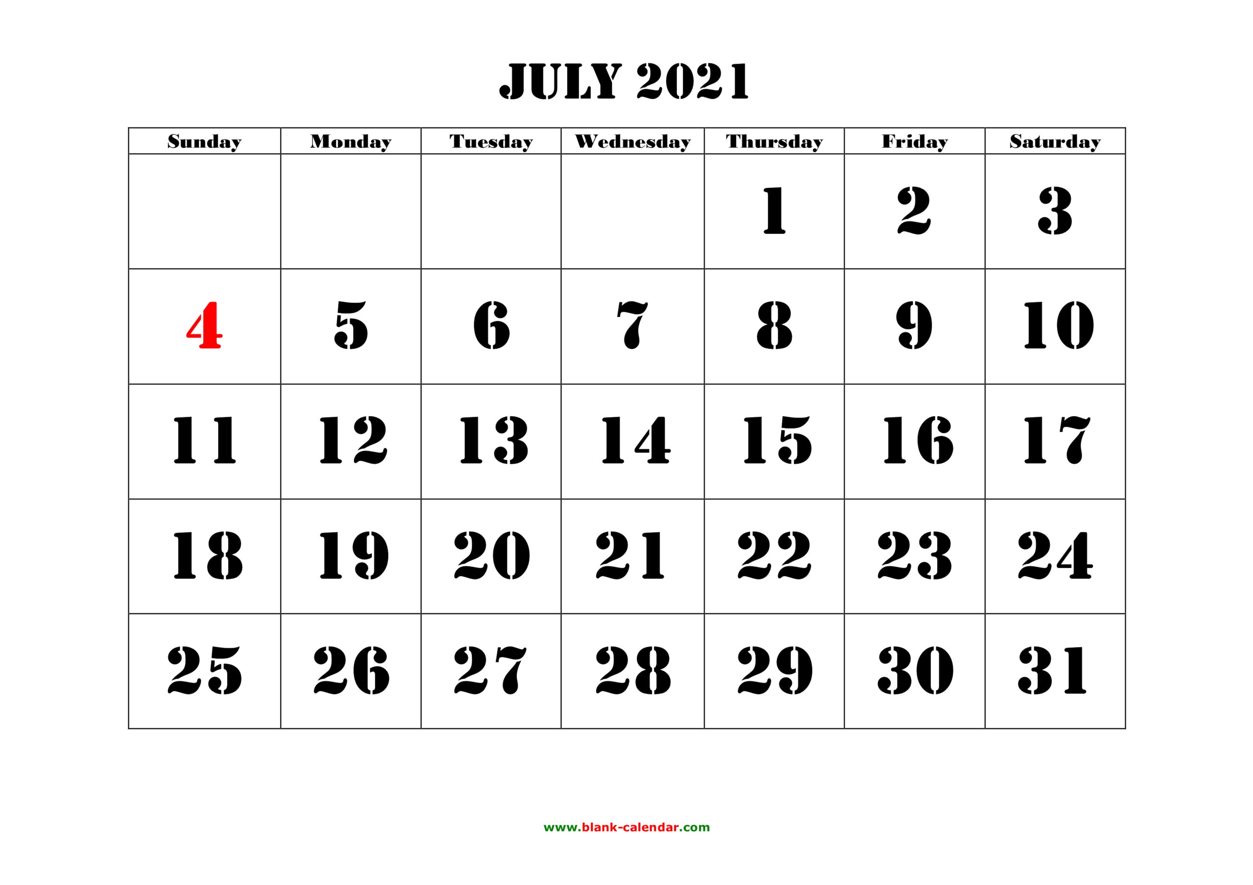 Free Download Printable July 2021 Calendar, Large Font