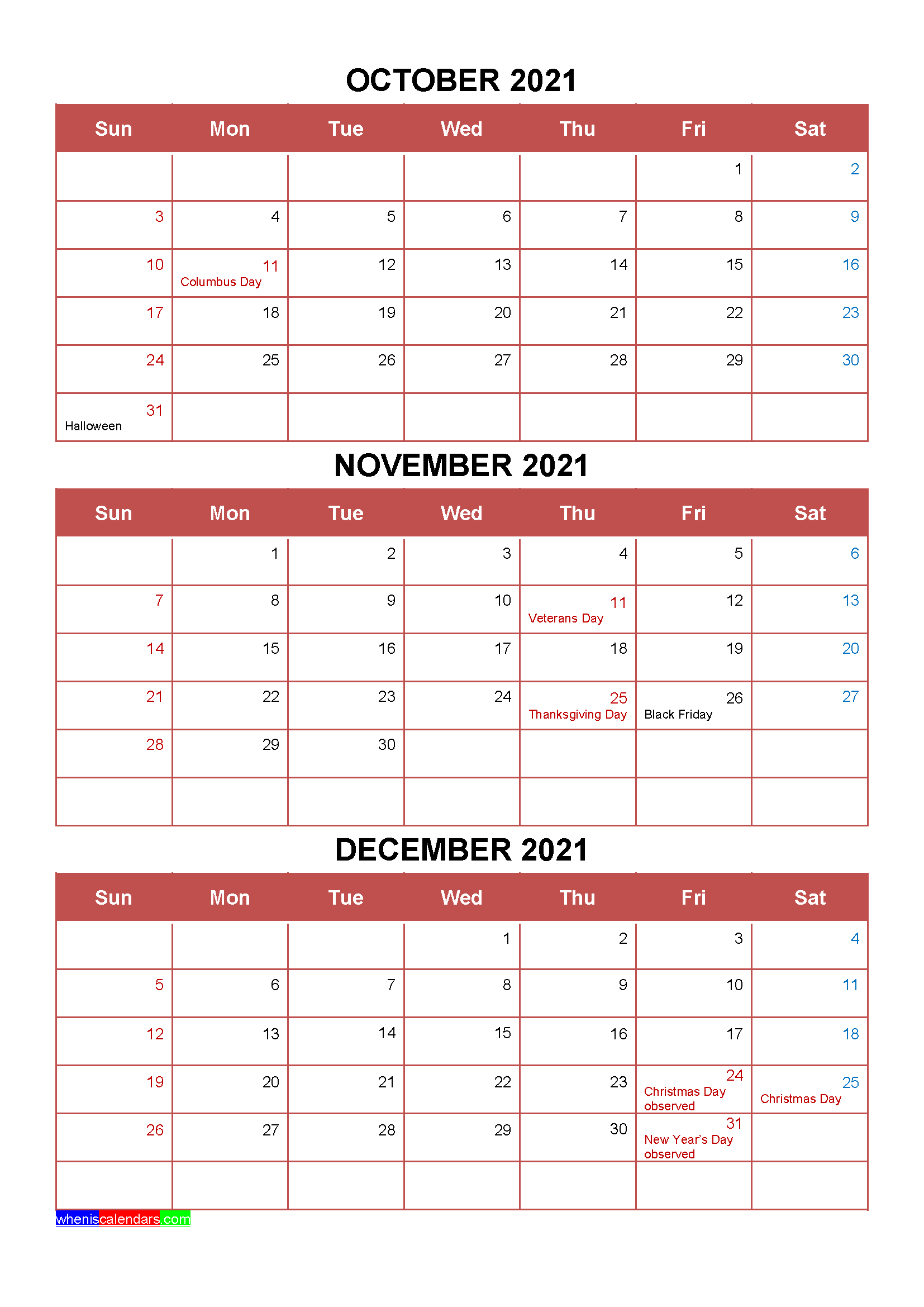 Free October November December 2021 Calendar With Holidays