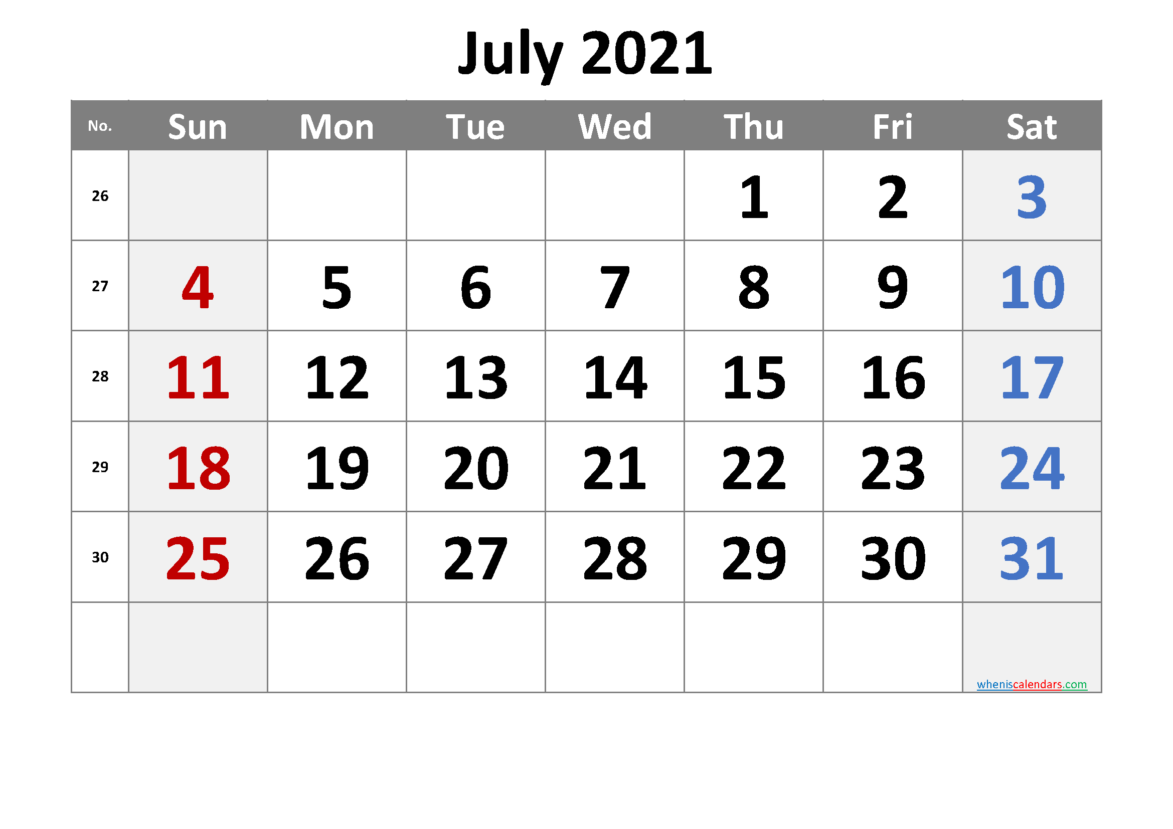 Free Printable 2021 July Calendar