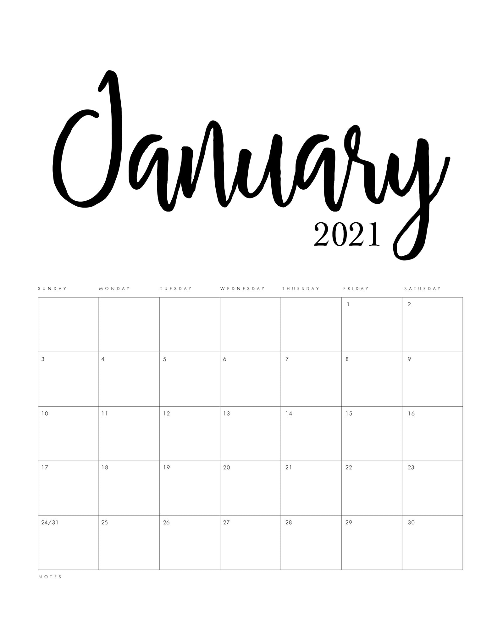 Free Printable 2021 Minimalist Calendar - The Cottage Market