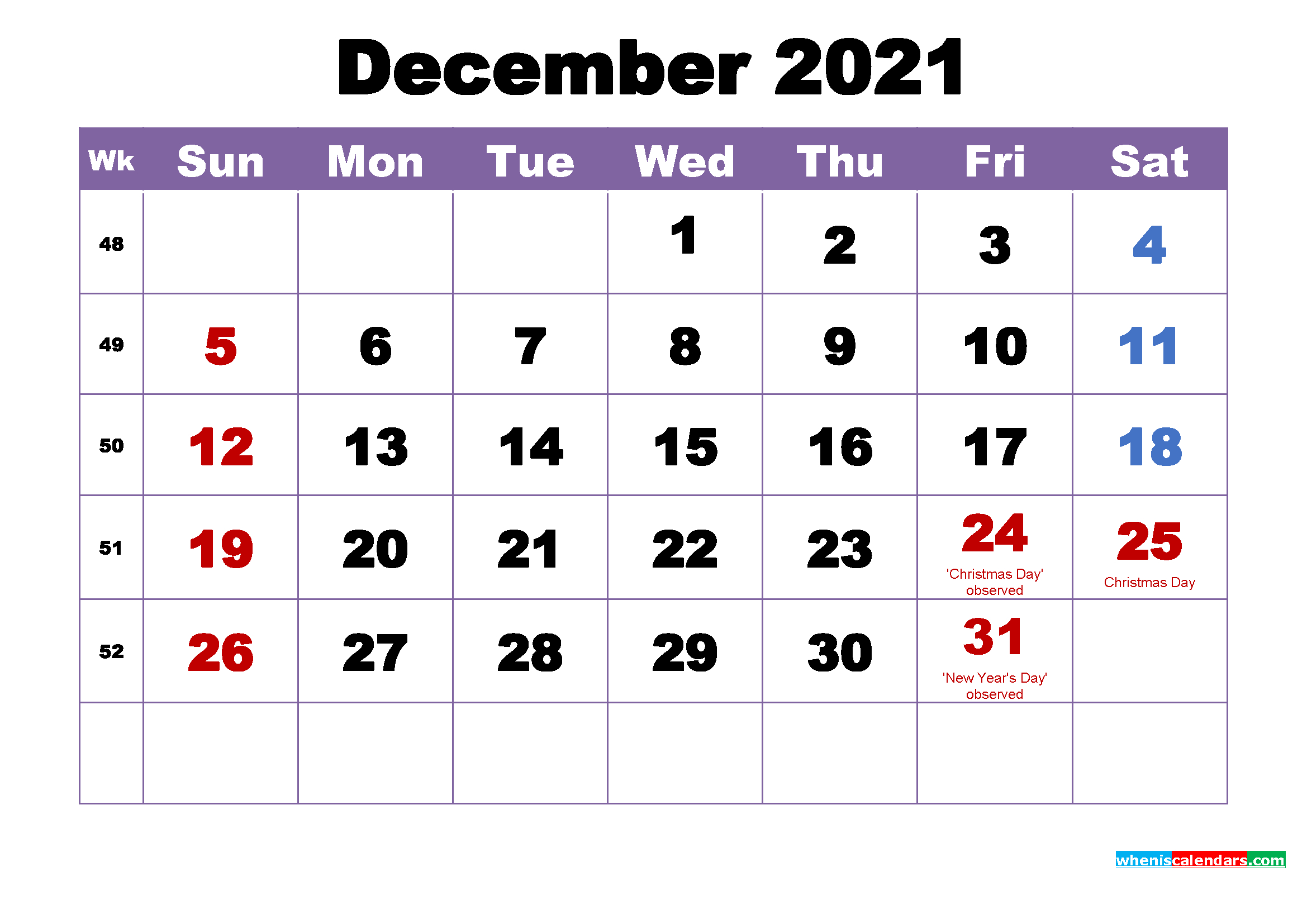 Free Printable 2021 Monthly Calendar With Holidays December