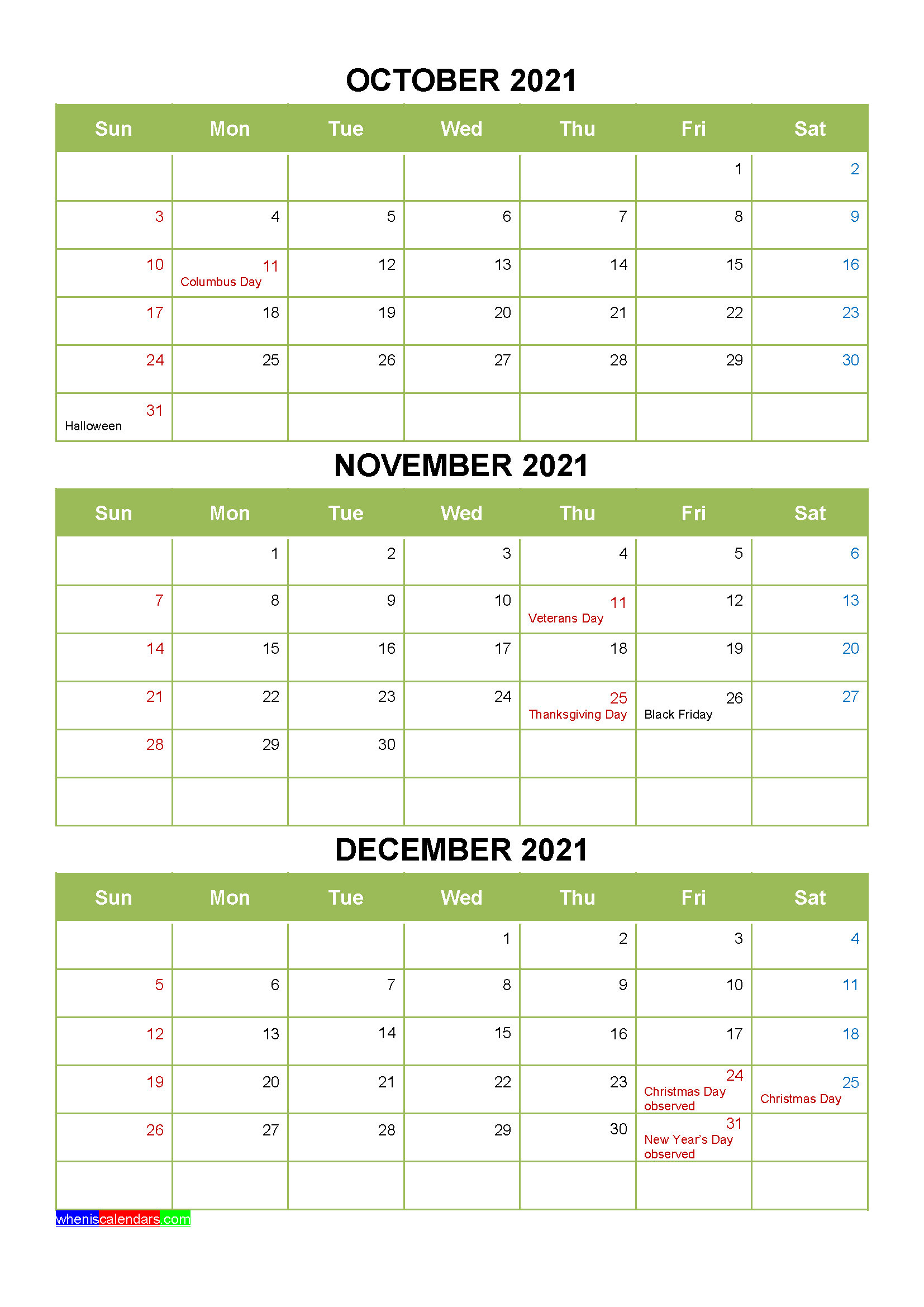 Free Printable October November December 2021 Calendar 3