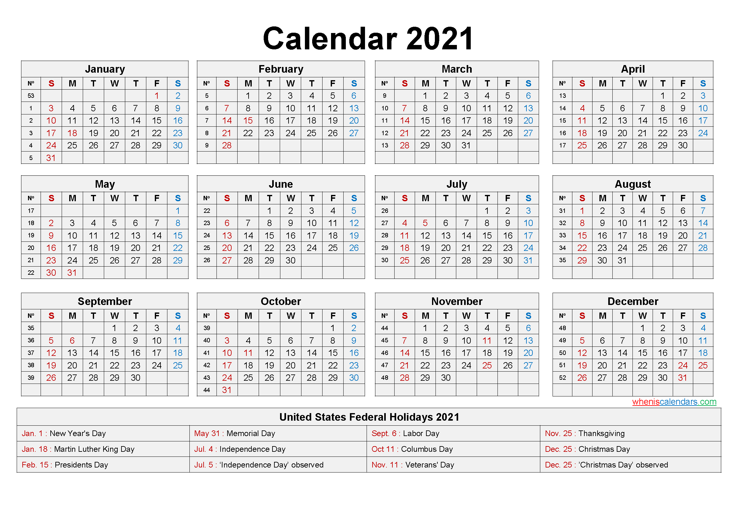 Free Printable Yearly 2021 Calendar With Holidays As Word, Pdf