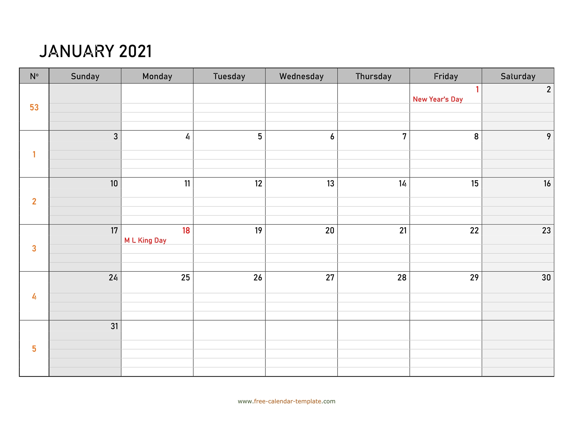 January 2021 Calendar Free Printable With Grid Lines