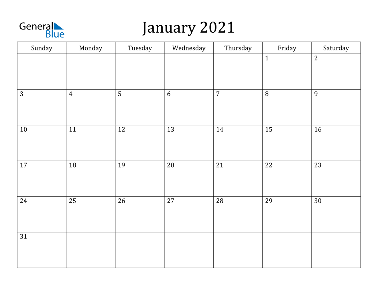 January 2021 Calendar - Pdf Word Excel