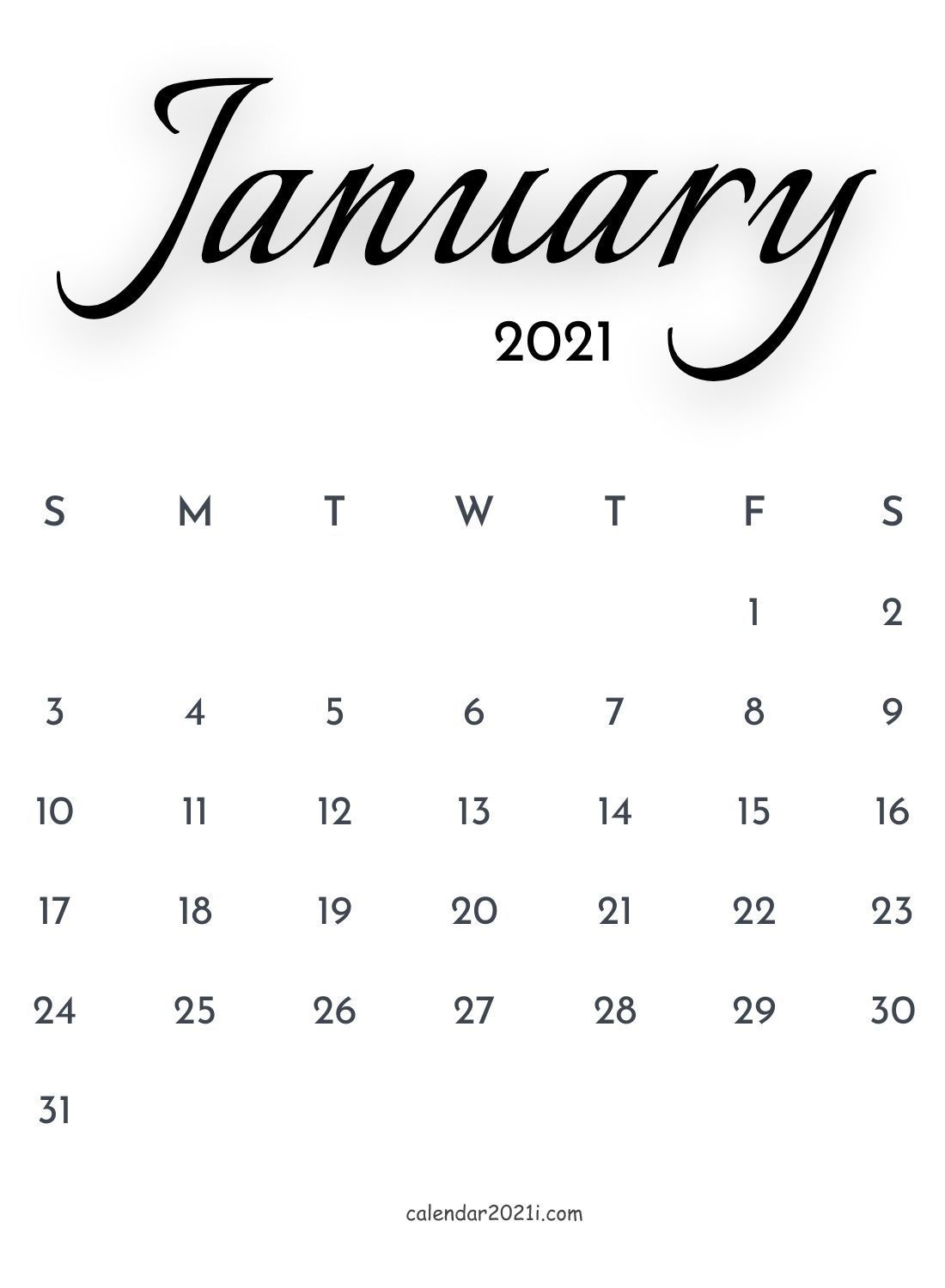 January 2021 Calligraphy Calendar Free Download
