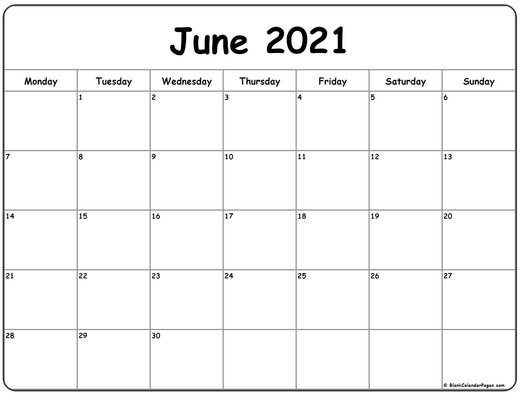 June 2021 Monday Calendar | Monday To Sunday