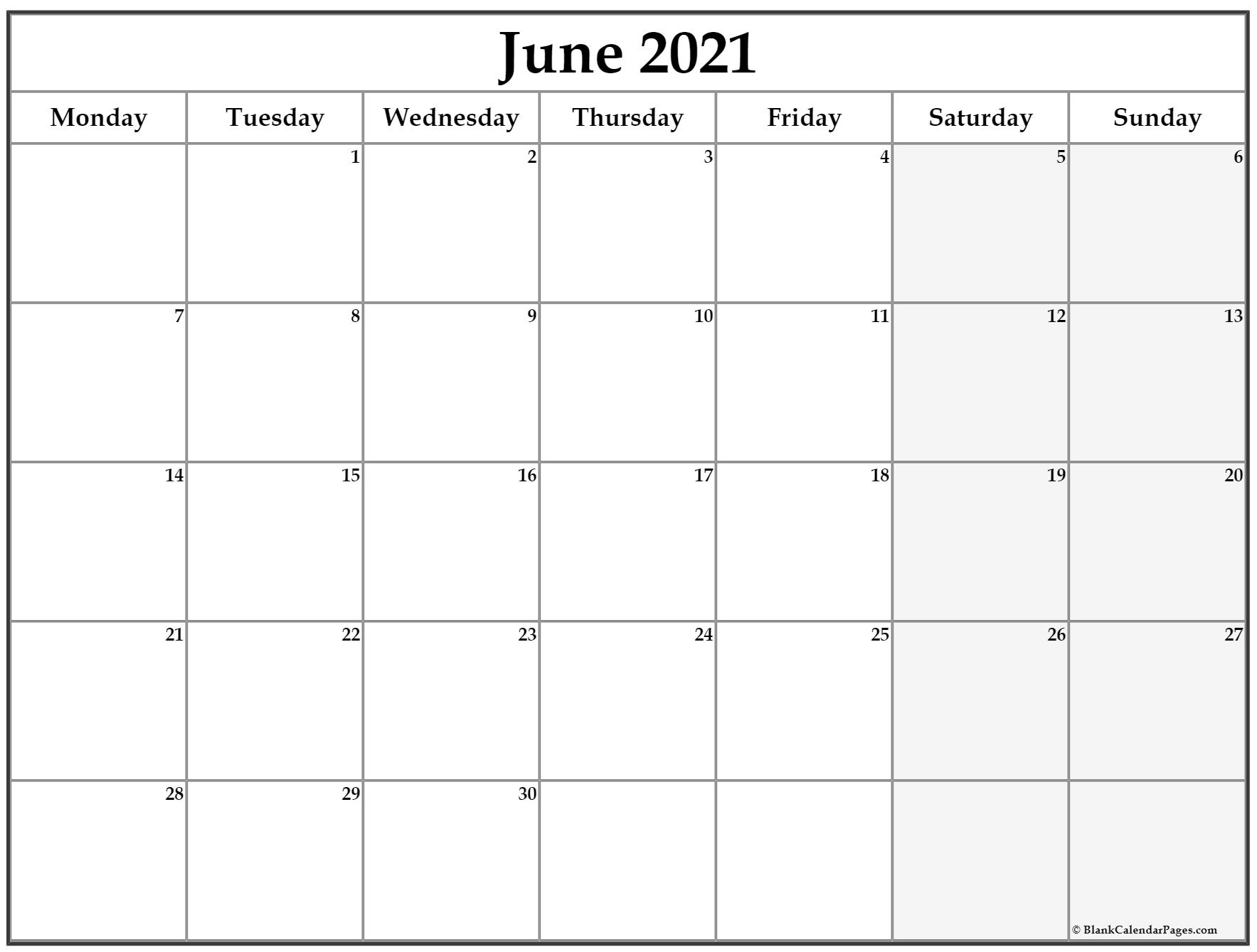 June 2021 Monday Calendar | Monday To Sunday