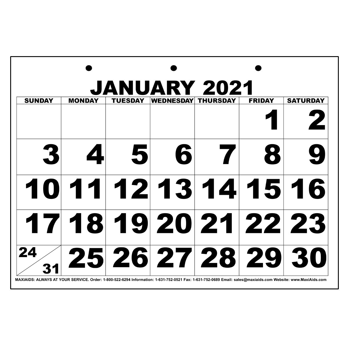 Low Vision Print Calendar - 2021