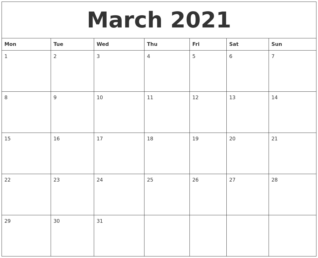 March 2021 Free Printable Monthly Calendar
