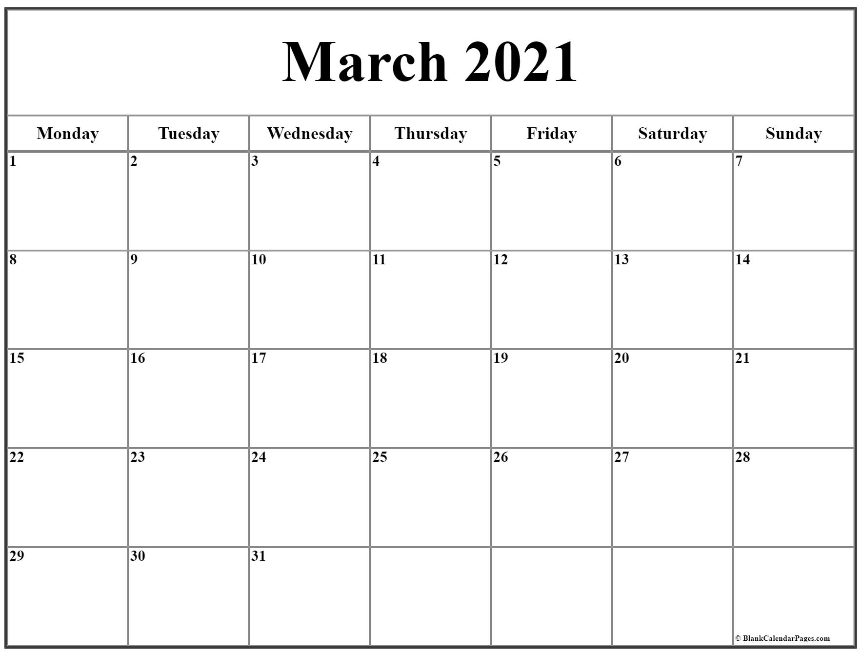 March 2021 Monday Calendar | Monday To Sunday
