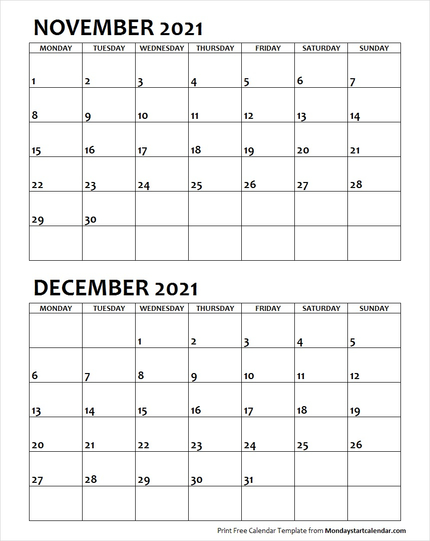 Nov Dec 2021 Calendar Monday Start | Editable Two Months